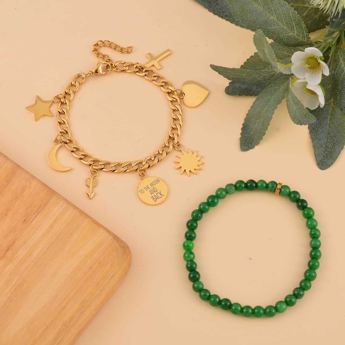 Set of 2 Green Jade (D) Beaded Stretch and ION Plated YG Stainless Steel Curb Chain Charm Bracelet (7.50-9.0In) 80.00 ctw image number 1
