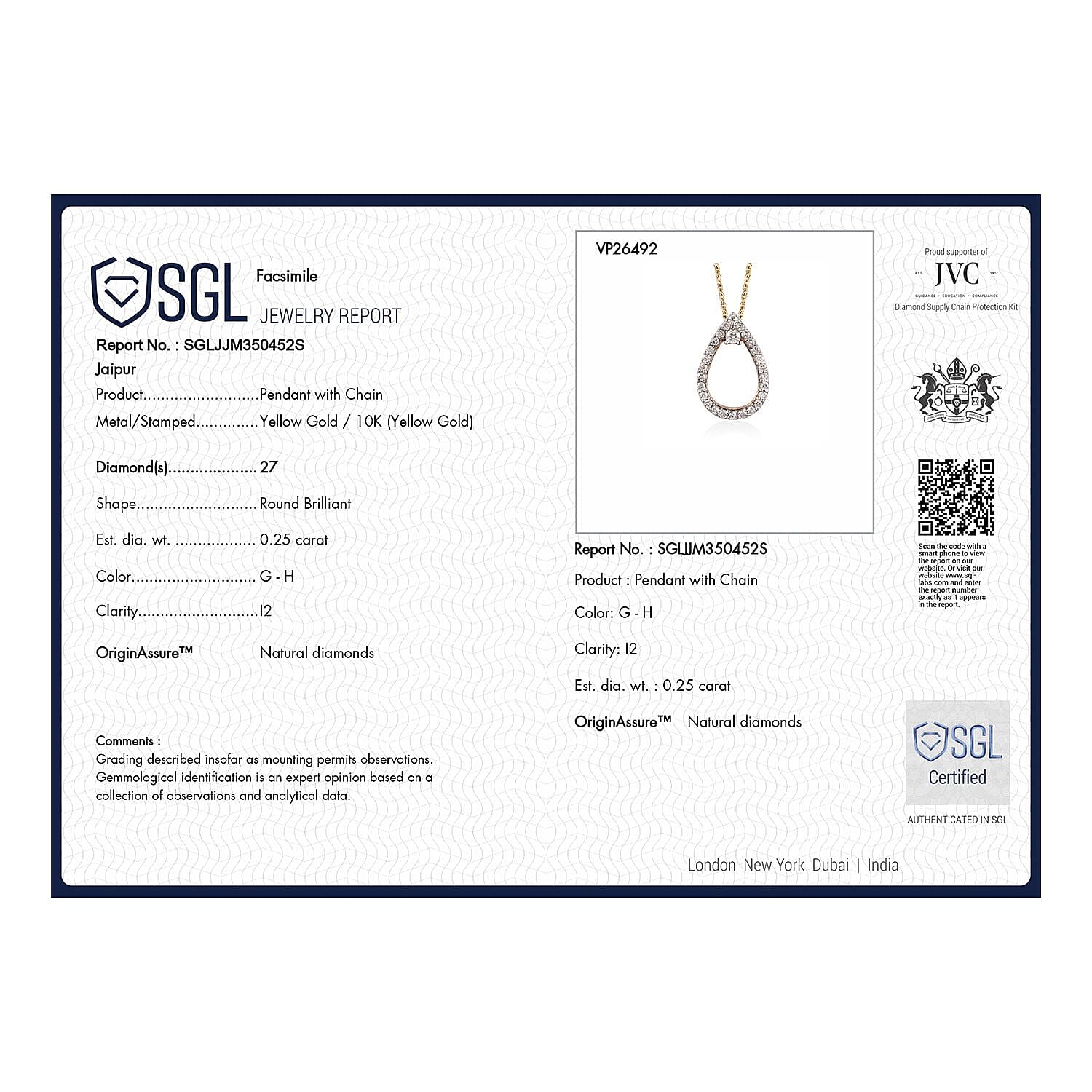 Luxoro 10K Yellow Gold G-H I2 Diamond Pendant Necklace 20 Inches 0.25 ctw