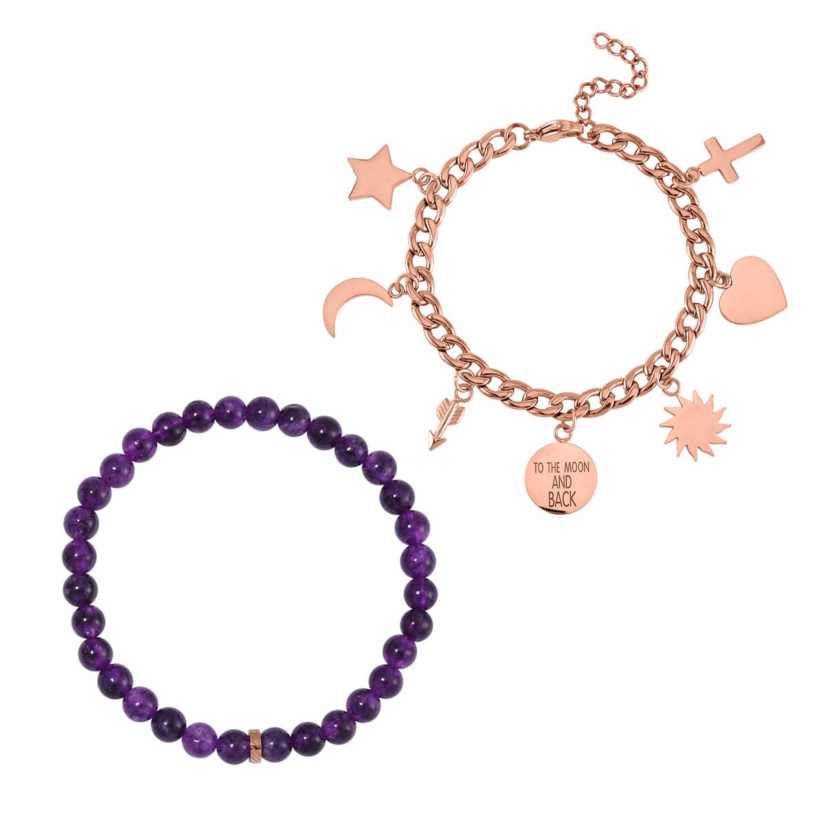 Set of 2 Amethyst Beaded Stretch and ION Plated RG Stainless Steel Curb Chain Charm Bracelet (7.50-9.0In) 80.00 ctw image number 0