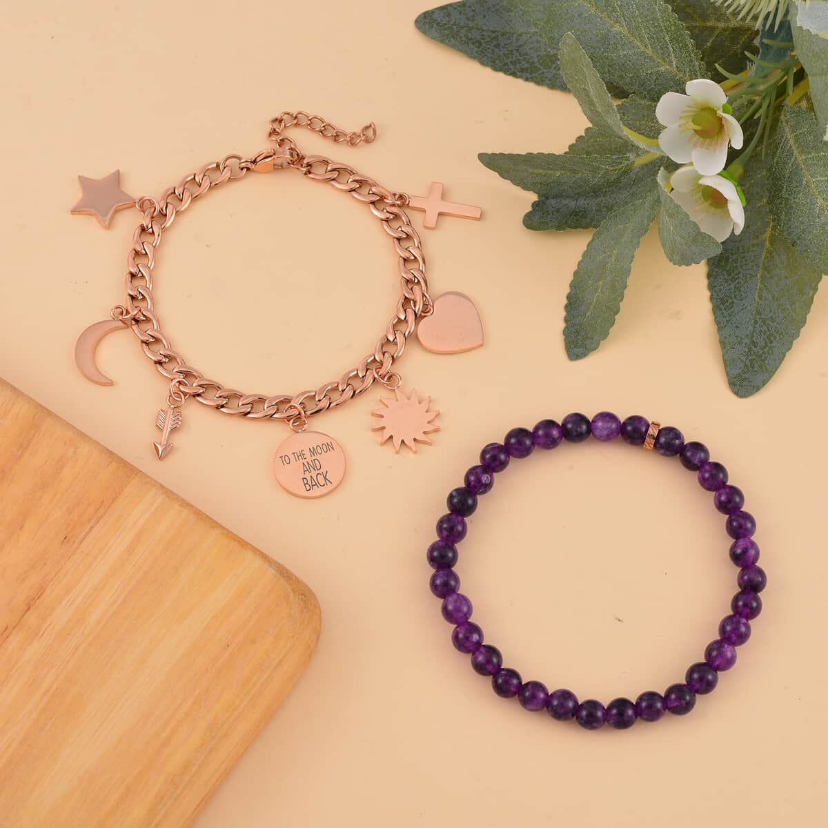 Set of 2 Amethyst Beaded Stretch and ION Plated RG Stainless Steel Curb Chain Charm Bracelet (7.50-9.0In) 80.00 ctw image number 1