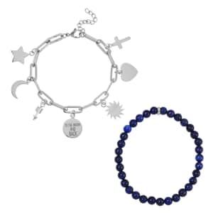 Set of 2 Lapis Lazuli Beaded Stretch and Stainless Steel Paper Clip Chain Charm Bracelet (7.50-9.0In) 80.00 ctw