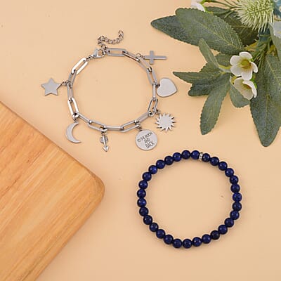 Set of 2 Lapis Lazuli Beaded Stretch and Stainless Steel Paper Clip Chain Charm Bracelet (7.50-9.0In) 80.00 ctw