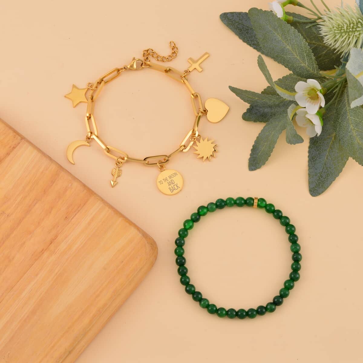 Set of 2 Green Jade (D) Beaded Stretch and ION Plated YG Stainless Steel Paper Clip Chain Charm Bracelet (7.50-9.0In) 80.00 ctw image number 1