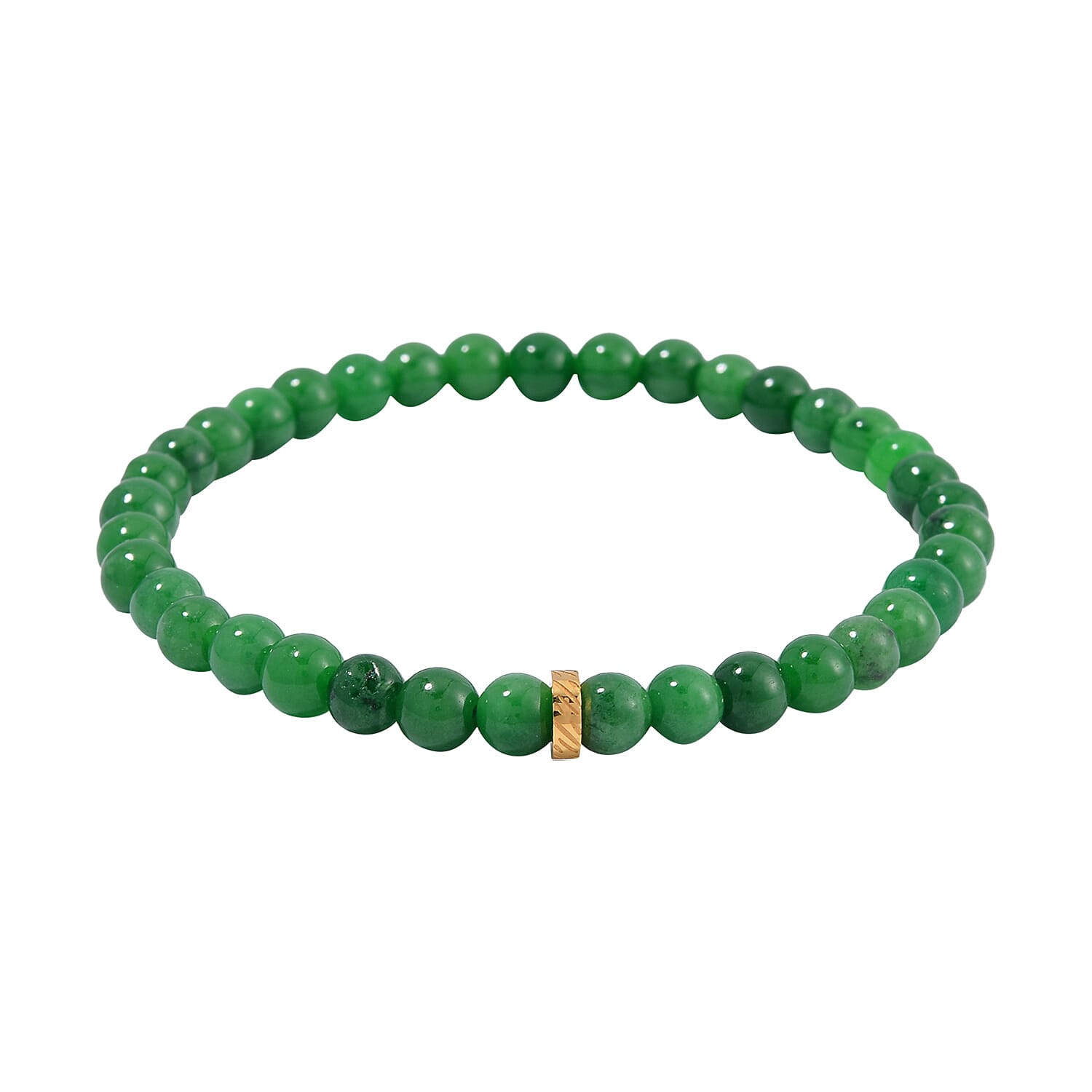 Set of 2 Green Jade (D) Beaded Stretch and ION Plated YG Stainless Steel Paper Clip Chain Charm Bracelet (7.50-9.0In) 80.00 ctw