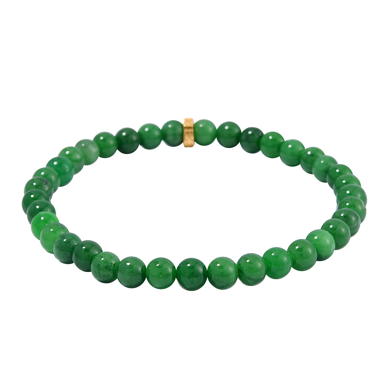 Set of 2 Green Jade (D) Beaded Stretch and ION Plated YG Stainless Steel Paper Clip Chain Charm Bracelet (7.50-9.0In) 80.00 ctw