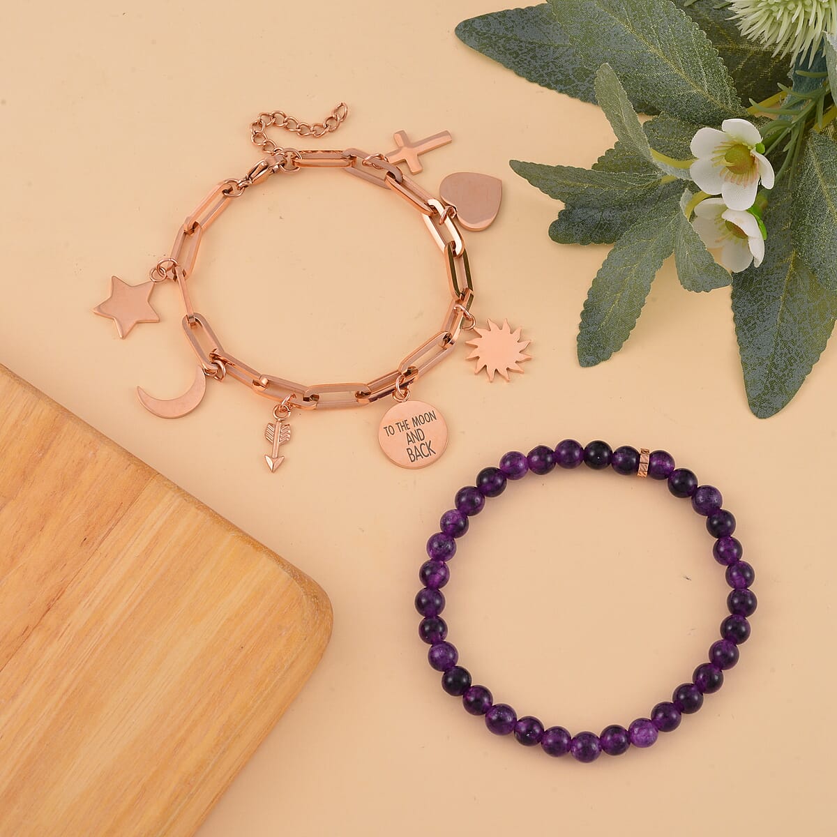 Set of 2 Amethyst Beaded Stretch and ION Plated RG Stainless Steel Paper Clip Chain Charm Bracelet (7.50-9.0In) 80.00 ctw image number 1