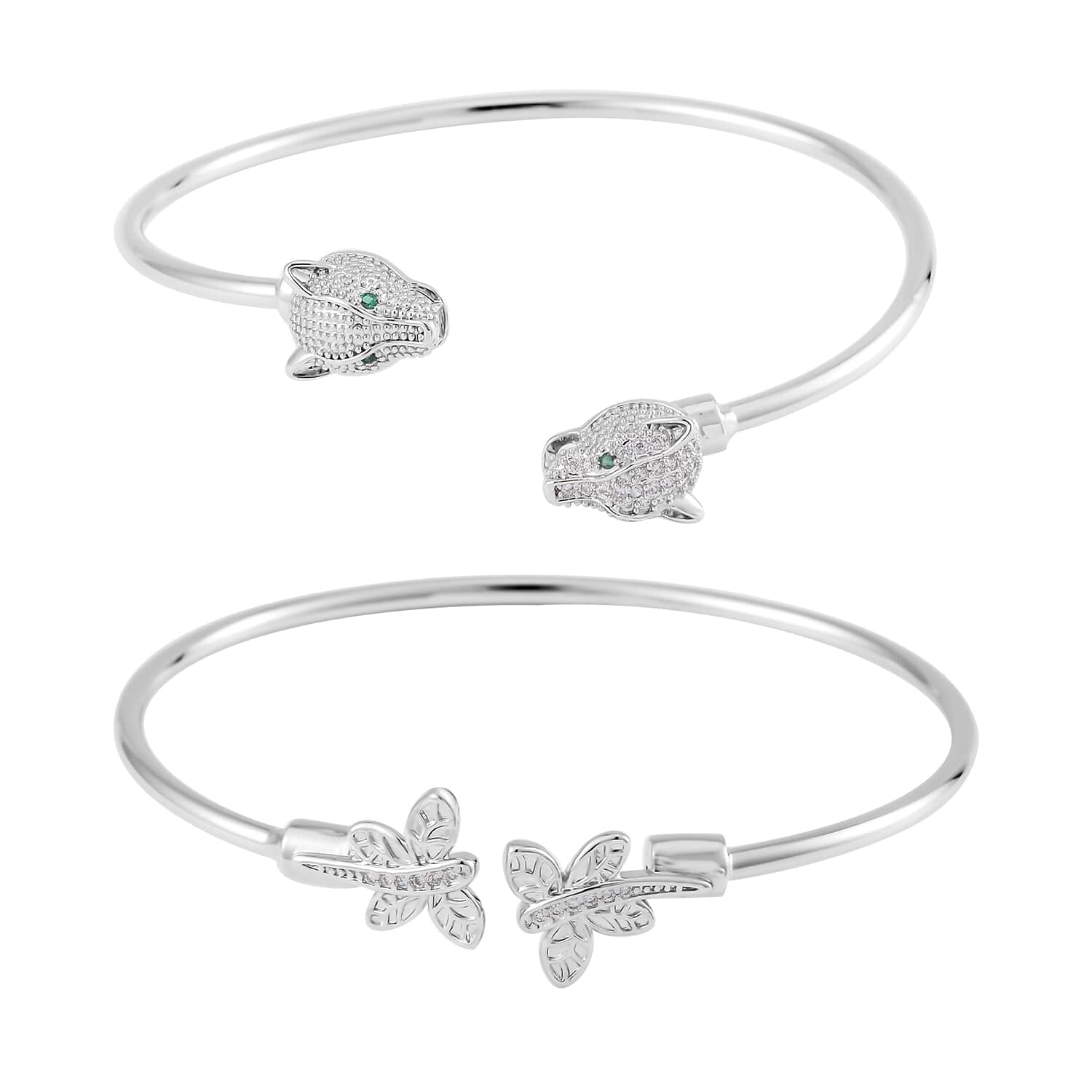 Simulated Green and White Diamond Set of 2 Panther Head and Butterfly Cuff  Bracelet (7.50 In) in Silvertone 0.35 ctw