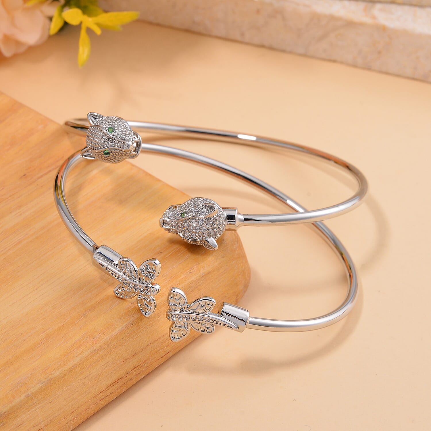 Simulated Green and White Diamond Set of 2 Panther Head and Butterfly Cuff Bracelet (7.50 In) in Silvertone 0.35 ctw