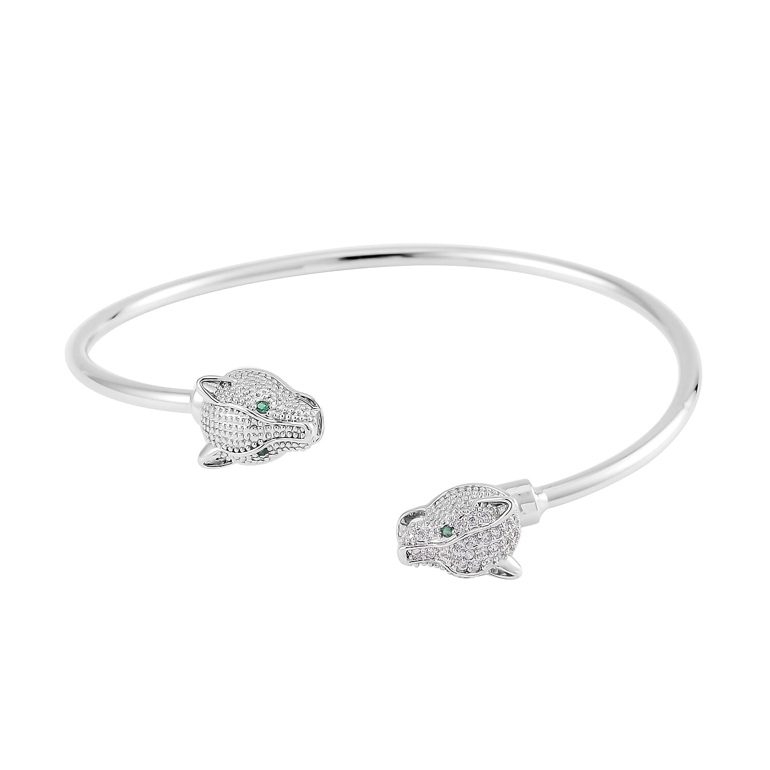 Simulated Green and White Diamond Set of 2 Panther Head and Butterfly Cuff Bracelet (7.50 In) in Silvertone 0.35 ctw