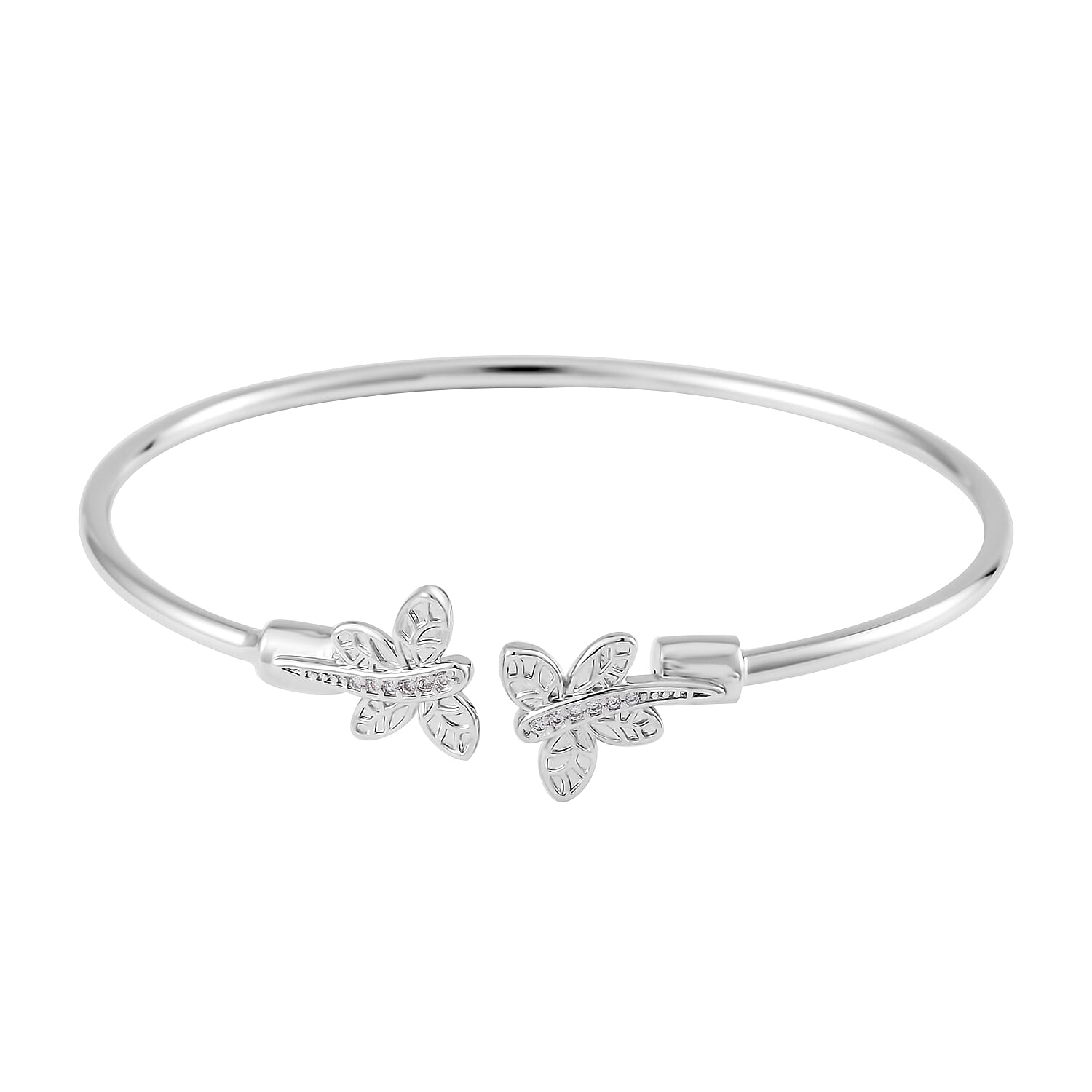 Simulated Green and White Diamond Set of 2 Panther Head and Butterfly Cuff Bracelet (7.50 In) in Silvertone 0.35 ctw