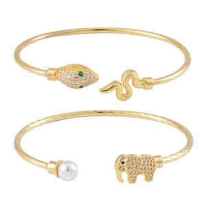 Simulated Pearl, Simulated Multi Color Diamond Set of 2 Snake and Elephant Cuff Bracelet (7.50 In) in Goldtone 0.35 ctw