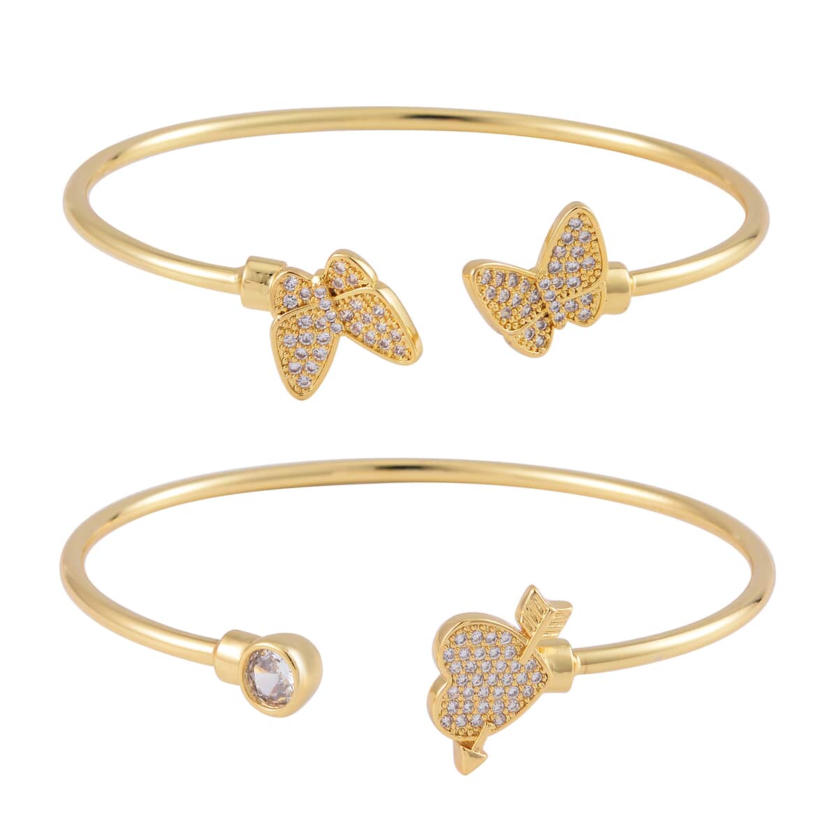 Set of 2 Simulated Diamond Butterfly and Heart Cuff Bracelet in in Goldtone (7.25 In) image number 0