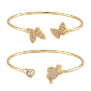 Set of 2 Simulated Diamond Butterfly and Heart Cuff Bracelet in in Goldtone (7.25 In)