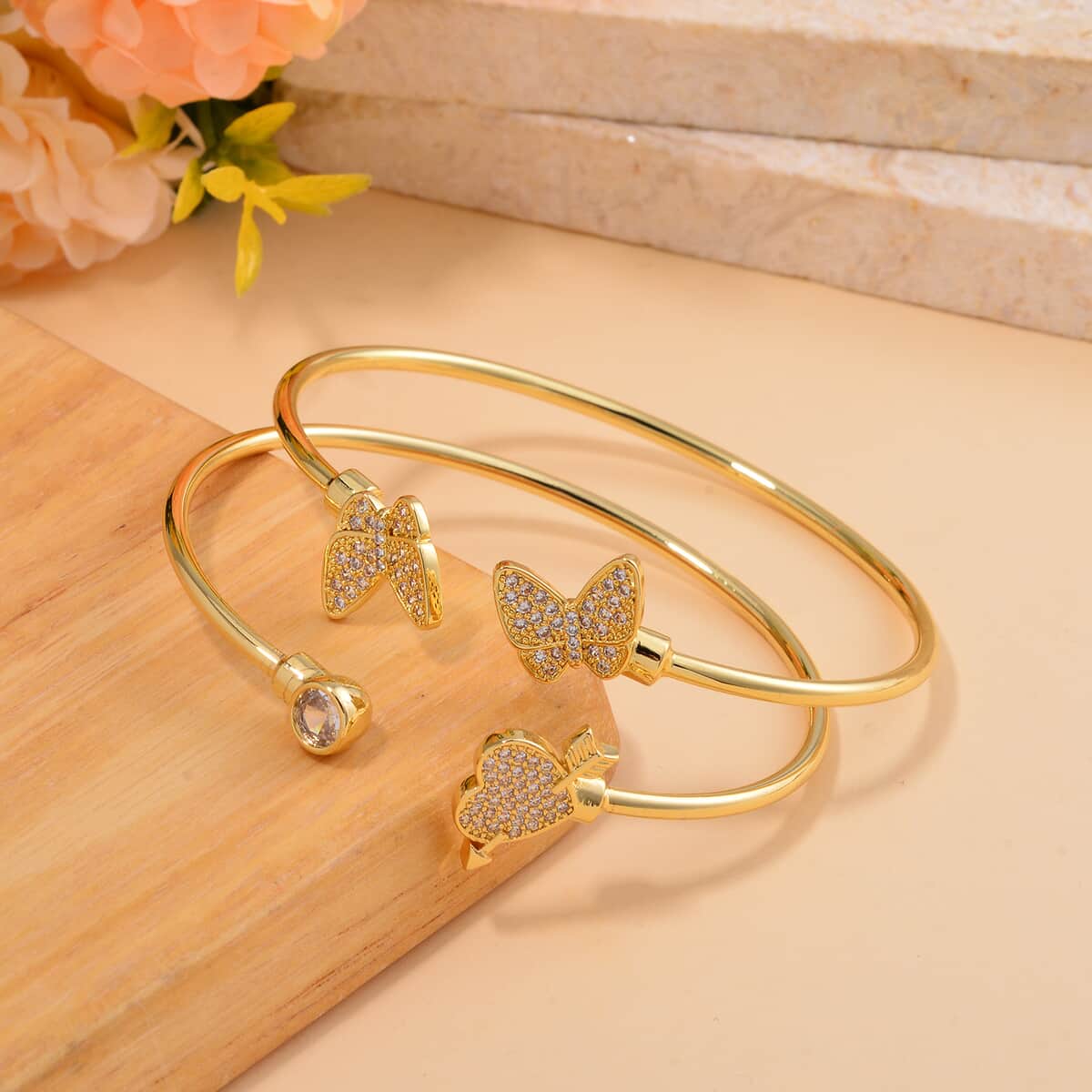 Set of 2 Simulated Diamond Butterfly and Heart Cuff Bracelet in in Goldtone (7.25 In) image number 1