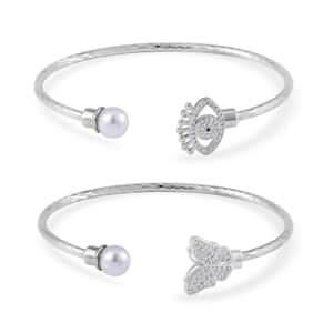 Set of 2 Simulated Pearl, Simulated Black and White Diamond Butterfly and Evil Eye Cuff Bracelet in in Silvertone (7.25 In)