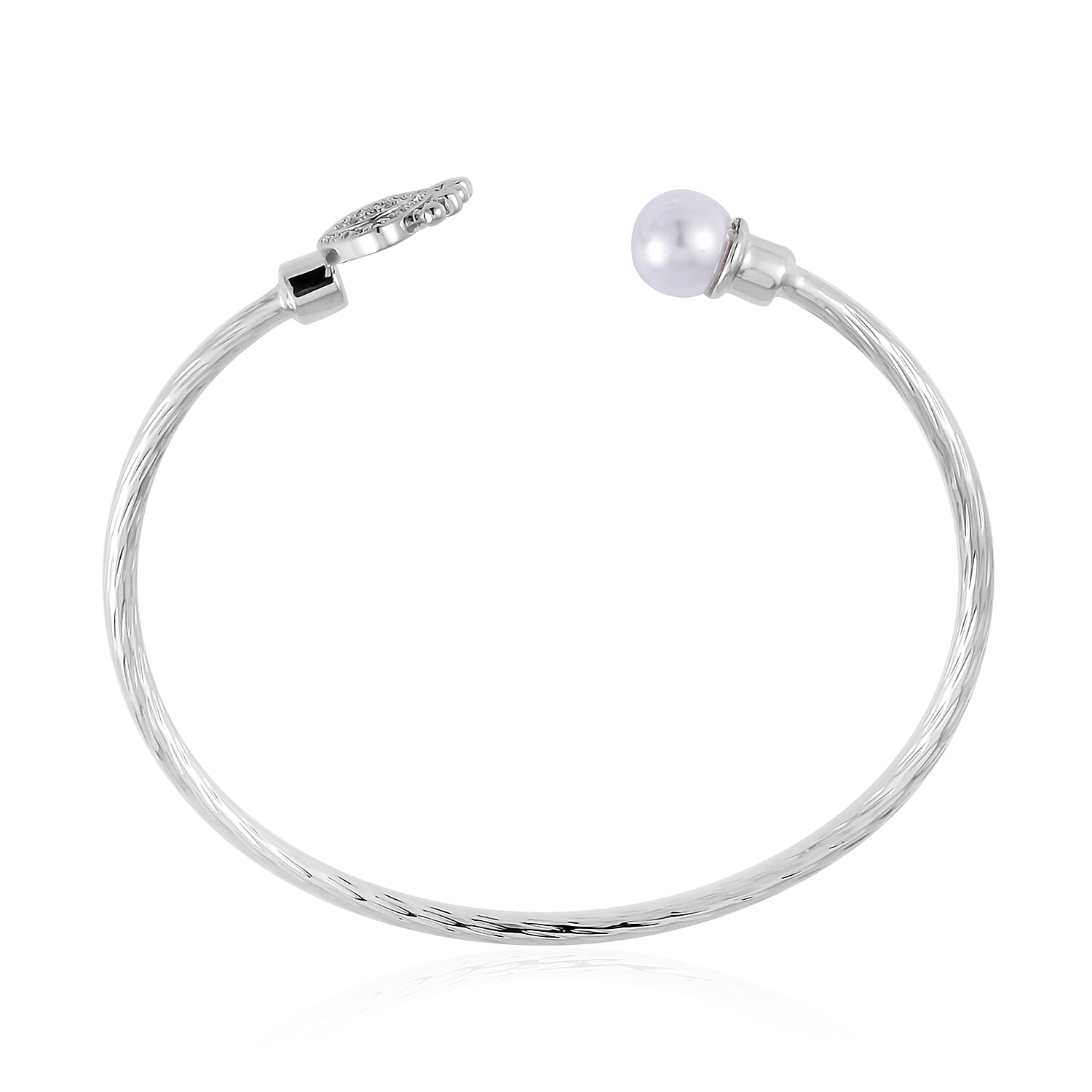 Set of 2 Simulated Pearl, Simulated Black and White Diamond Butterfly and Evil Eye Cuff Bracelet in in Silvertone (7.25 In)