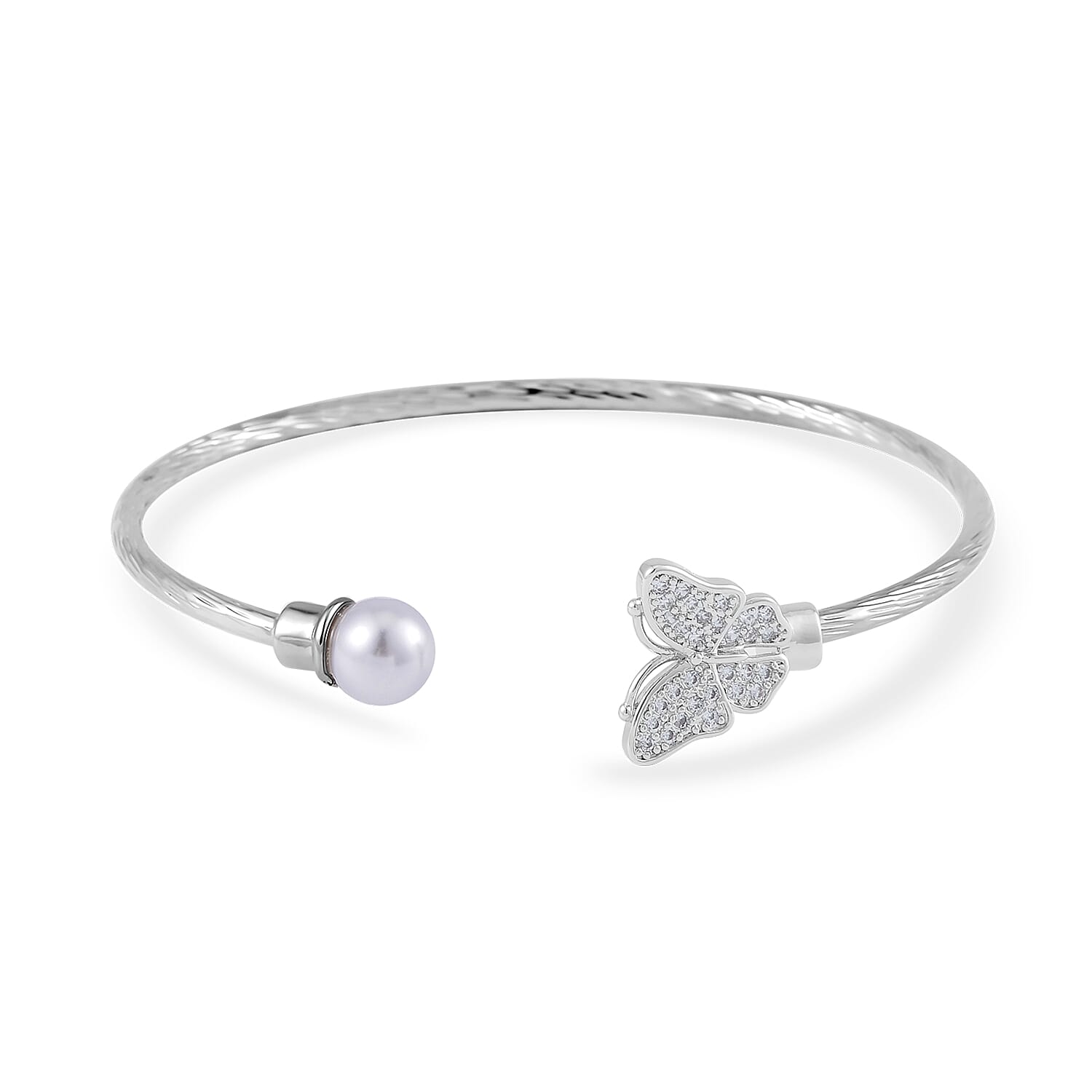 Set of 2 Simulated Pearl, Simulated Black and White Diamond Butterfly and Evil Eye Cuff Bracelet in in Silvertone (7.25 In)