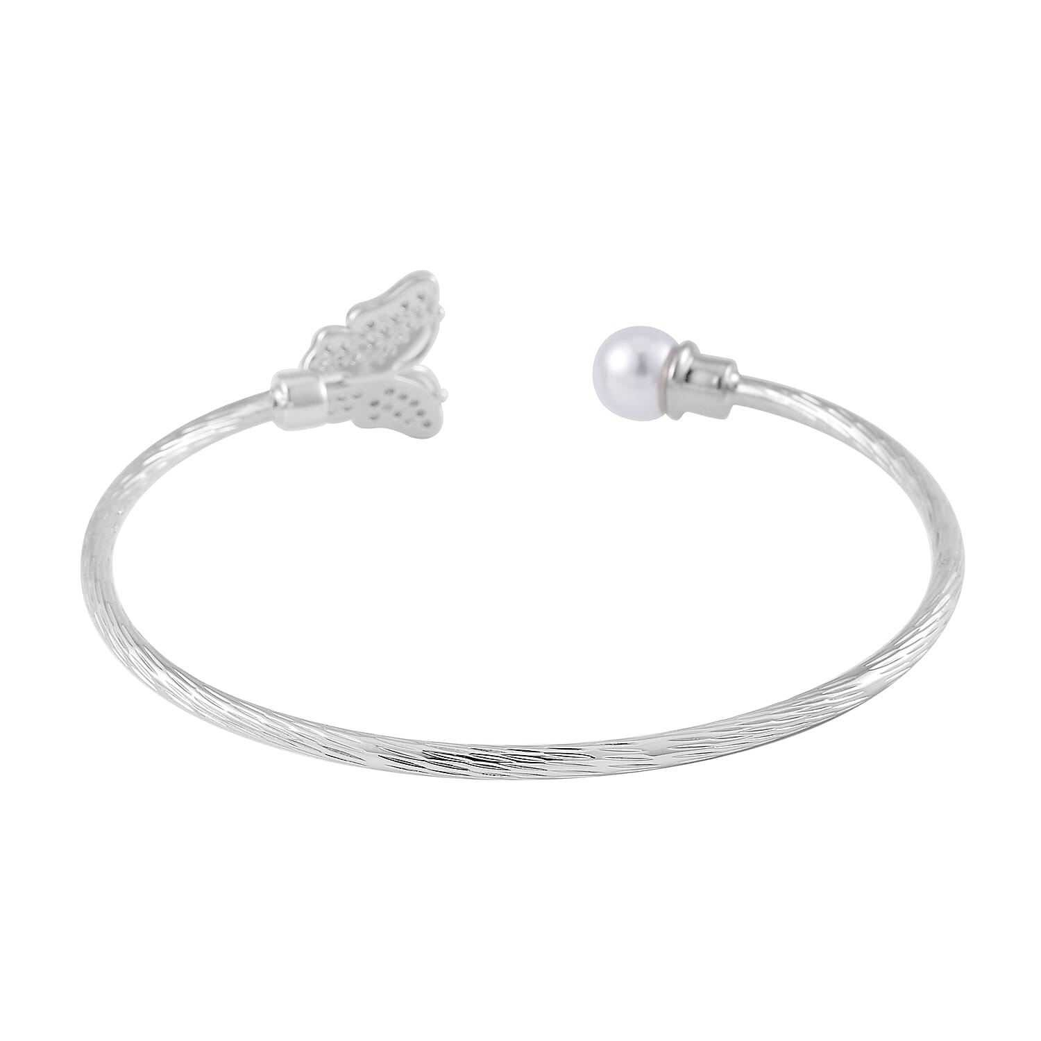 Set of 2 Simulated Pearl, Simulated Black and White Diamond Butterfly and Evil Eye Cuff Bracelet in in Silvertone (7.25 In)