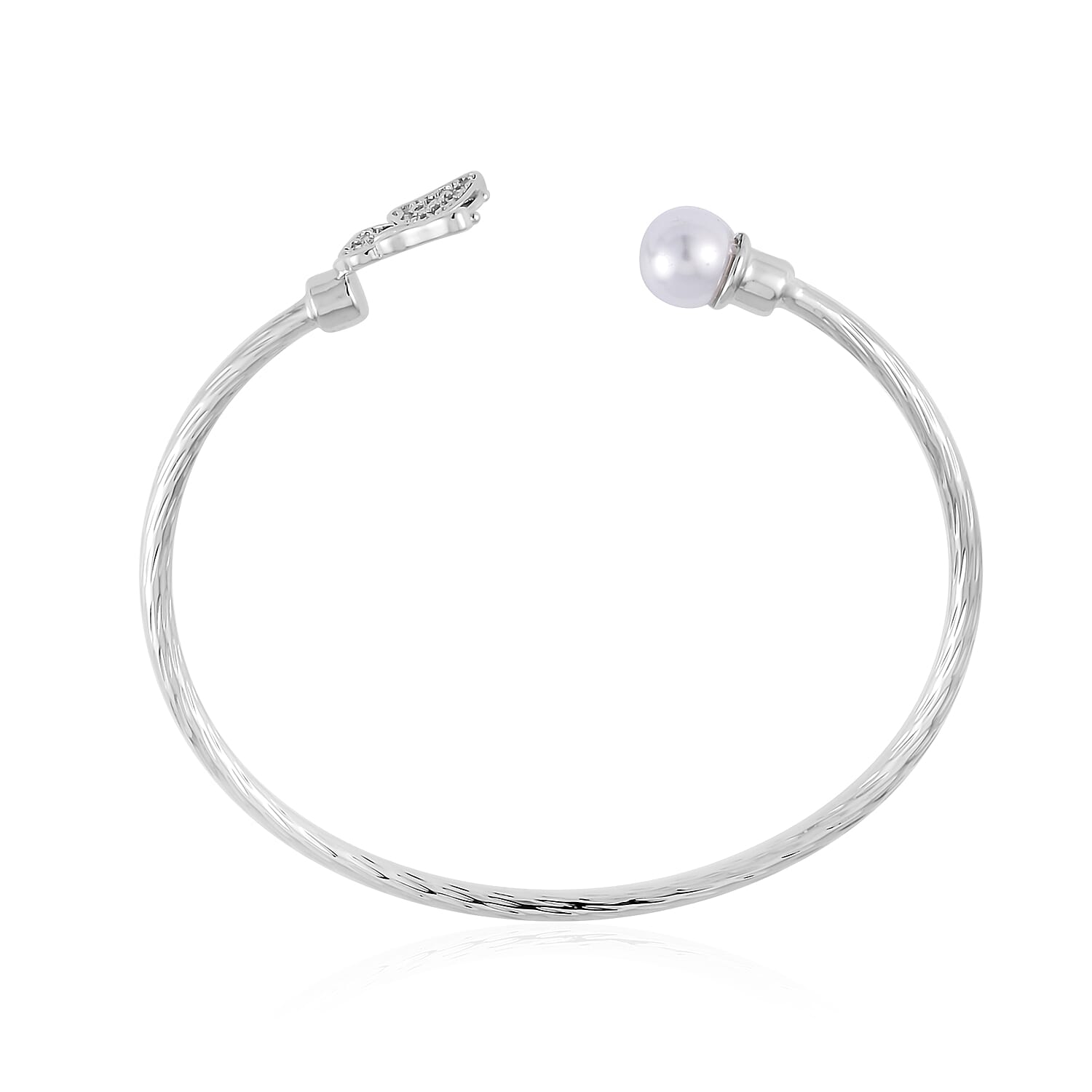 Set of 2 Simulated Pearl, Simulated Black and White Diamond Butterfly and Evil Eye Cuff Bracelet in in Silvertone (7.25 In)
