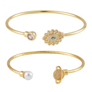 Set of 2 Simulated Pearl, Simulated Green and White Diamond Orbit and Evil Eye Cuff Bracelet in Goldtone (7.25 In)