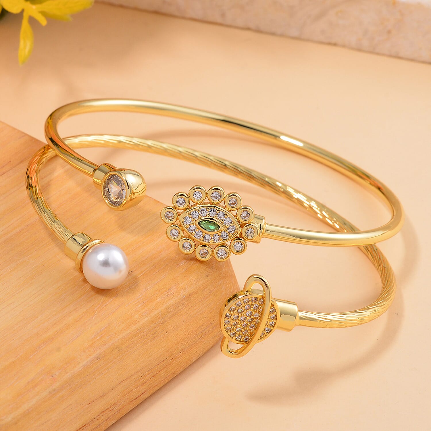 Set of 2 Simulated Pearl, Simulated Green and White Diamond Orbit and Evil Eye Cuff Bracelet in Goldtone (7.25 In)