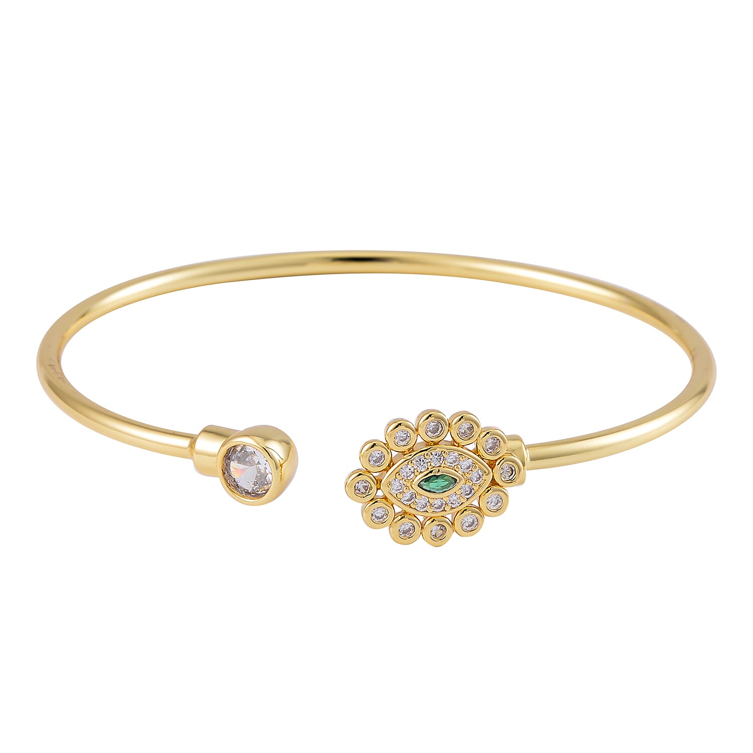 Set of 2 Simulated Pearl, Simulated Green and White Diamond Orbit and Evil Eye Cuff Bracelet in Goldtone (7.25 In)