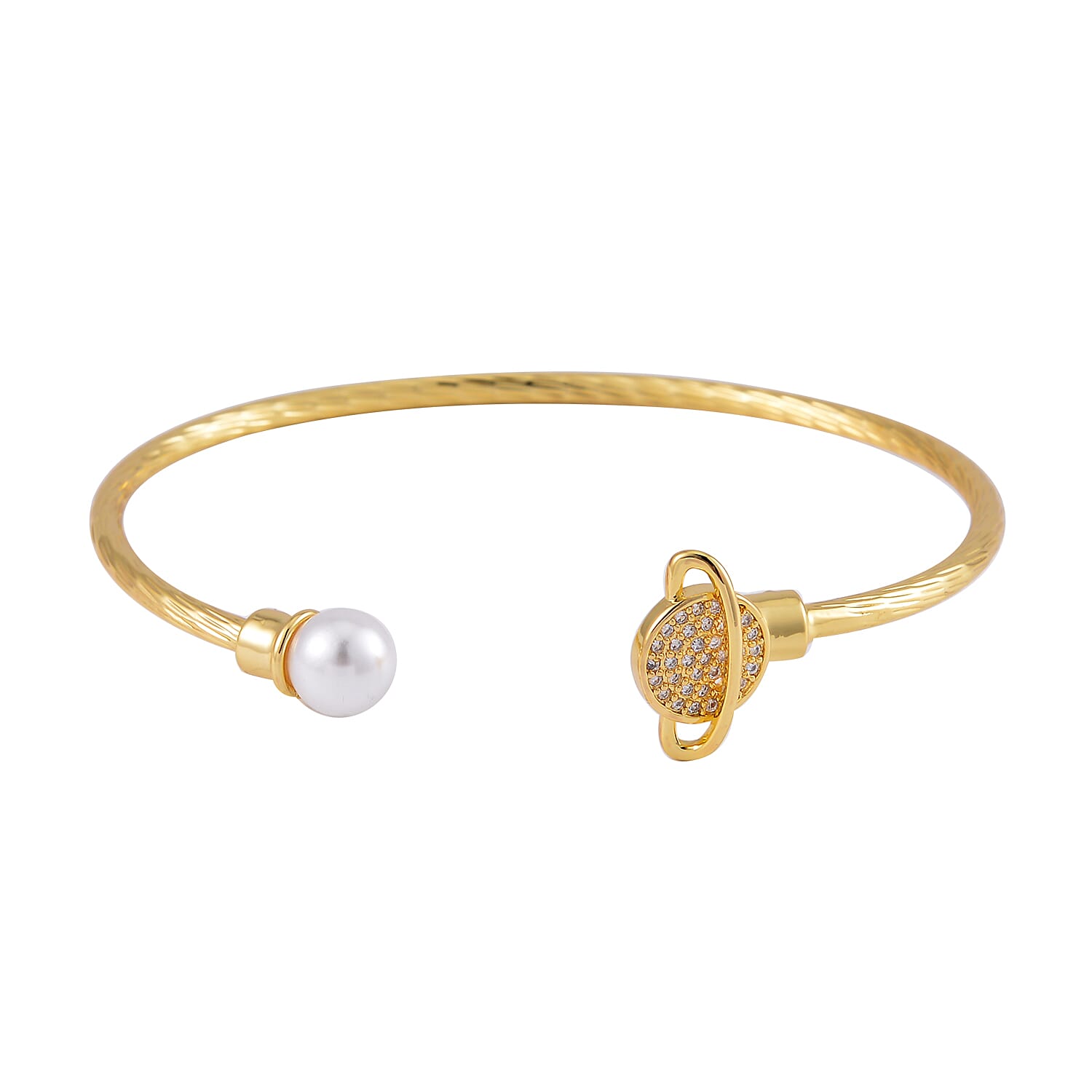 Set of 2 Simulated Pearl, Simulated Green and White Diamond Orbit and Evil Eye Cuff Bracelet in Goldtone (7.25 In)