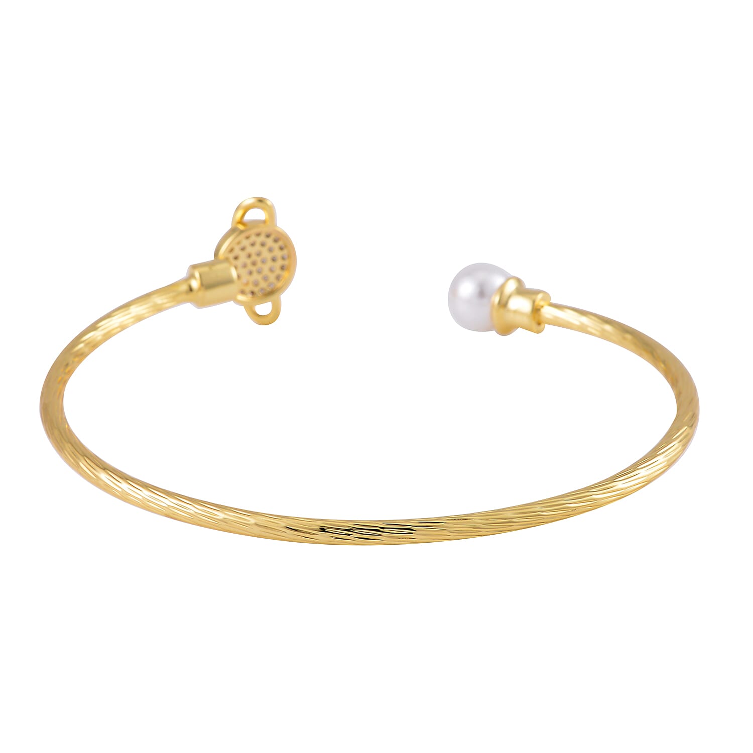 Set of 2 Simulated Pearl, Simulated Green and White Diamond Orbit and Evil Eye Cuff Bracelet in Goldtone (7.25 In)