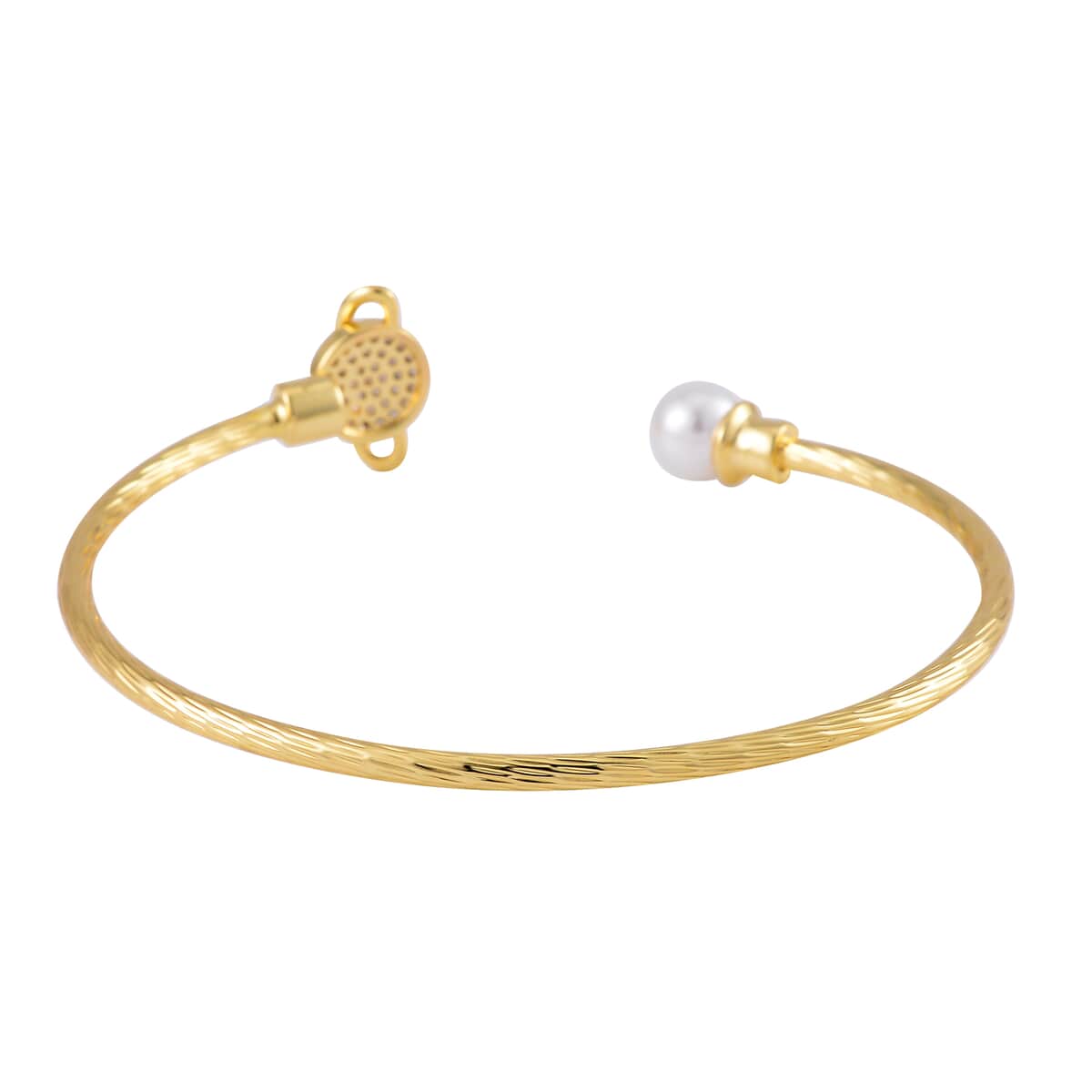 Set of 2 Simulated Pearl, Simulated Green and White Diamond Orbit and Evil Eye Cuff Bracelet in Goldtone (7.25 In) image number 6