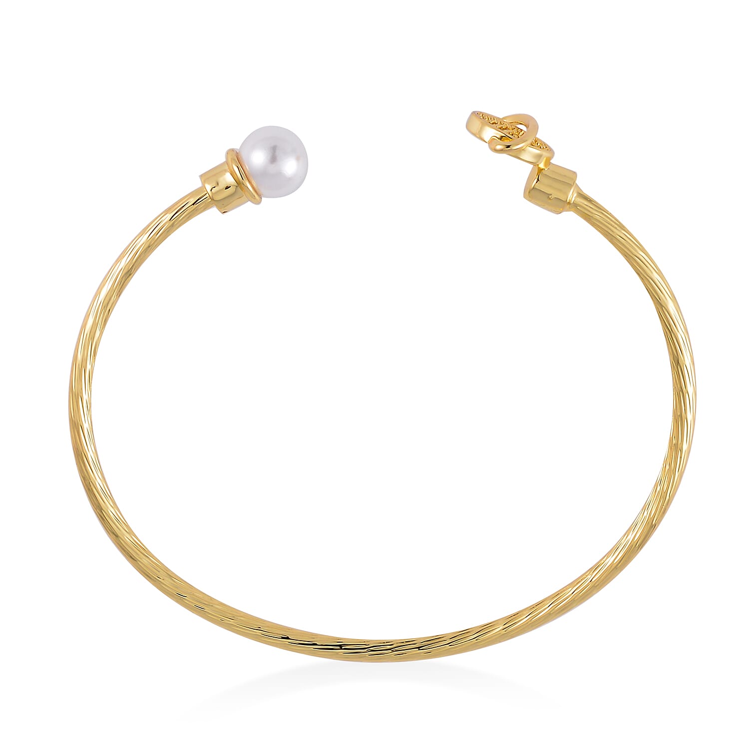 Set of 2 Simulated Pearl, Simulated Green and White Diamond Orbit and Evil Eye Cuff Bracelet in Goldtone (7.25 In)