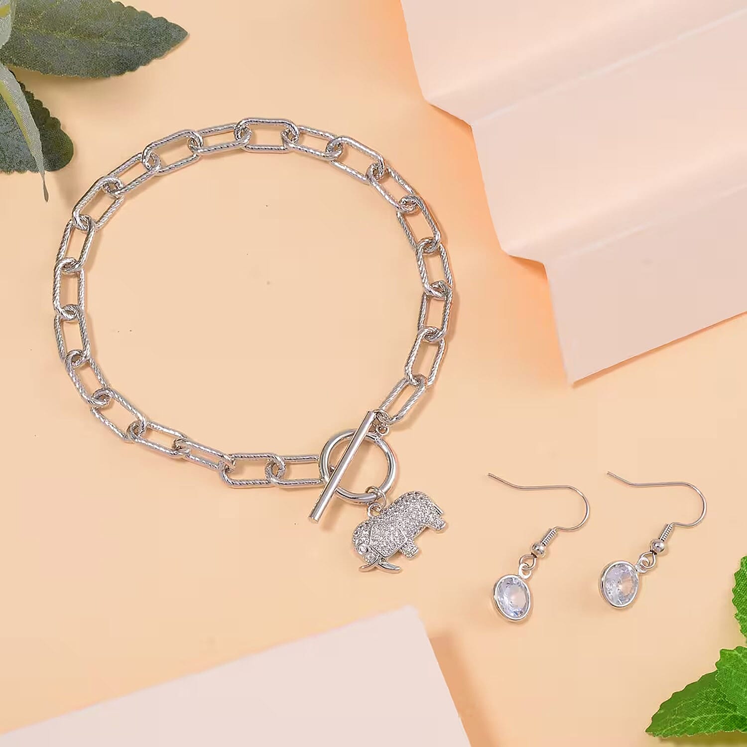 Simulated Diamond, Austrian Crystal Bracelet (7.50In) and Earrings in Silvertone 0.30 ctw
