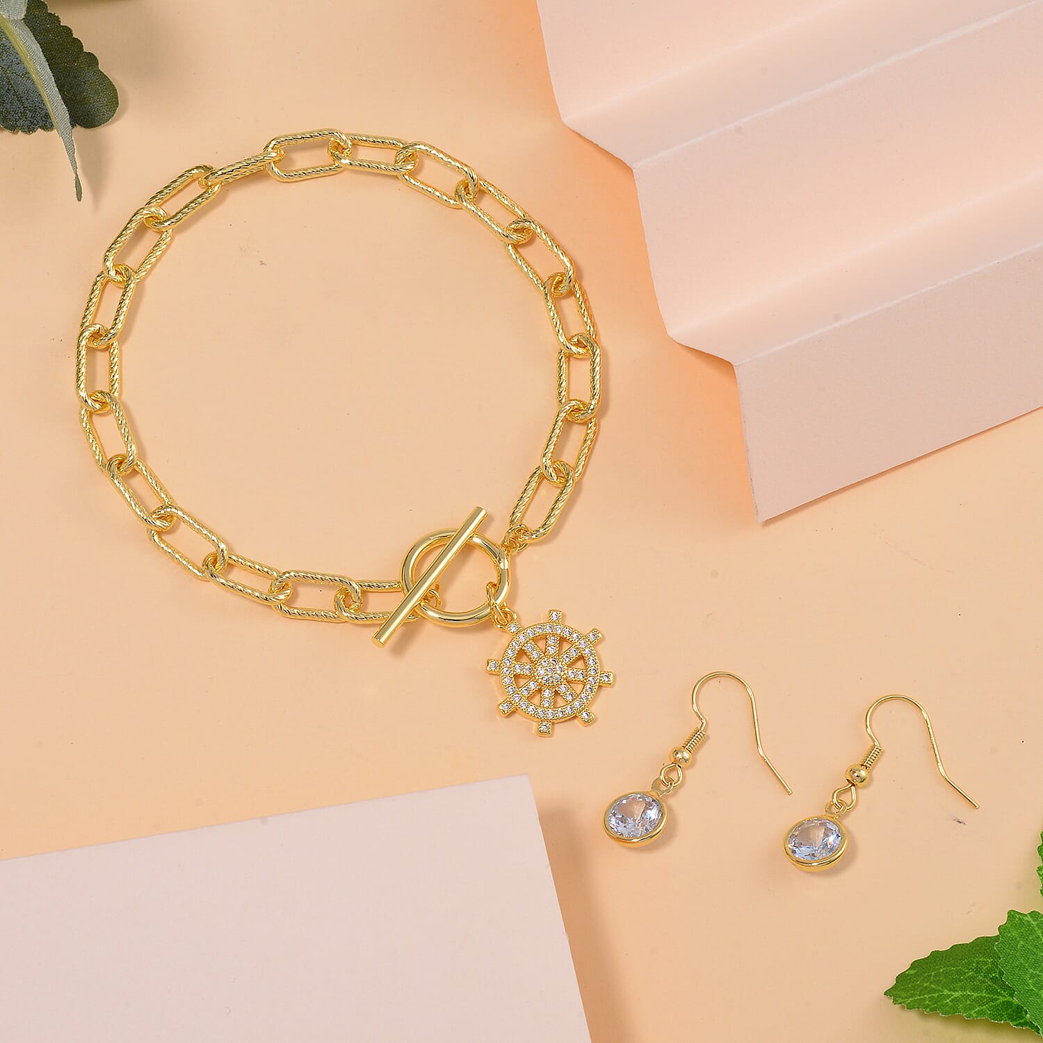 Simulated Diamond, Austrian Crystal Bracelet (7.50In) and Earrings in Goldtone 0.30 ctw