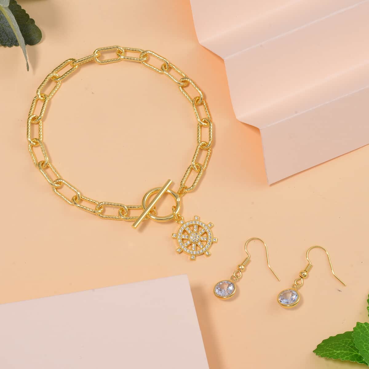 Simulated Diamond, Austrian Crystal Bracelet (7.50In) and Earrings in Goldtone 0.30 ctw image number 1