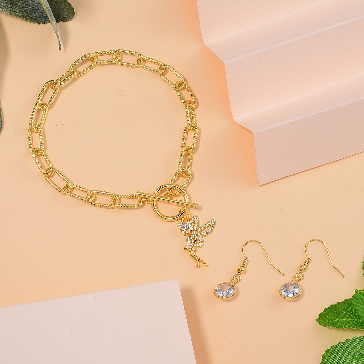 Simulated Diamond, Austrian Crystal Bracelet (7.50In) and Earrings in Goldtone 0.30 ctw image number 1