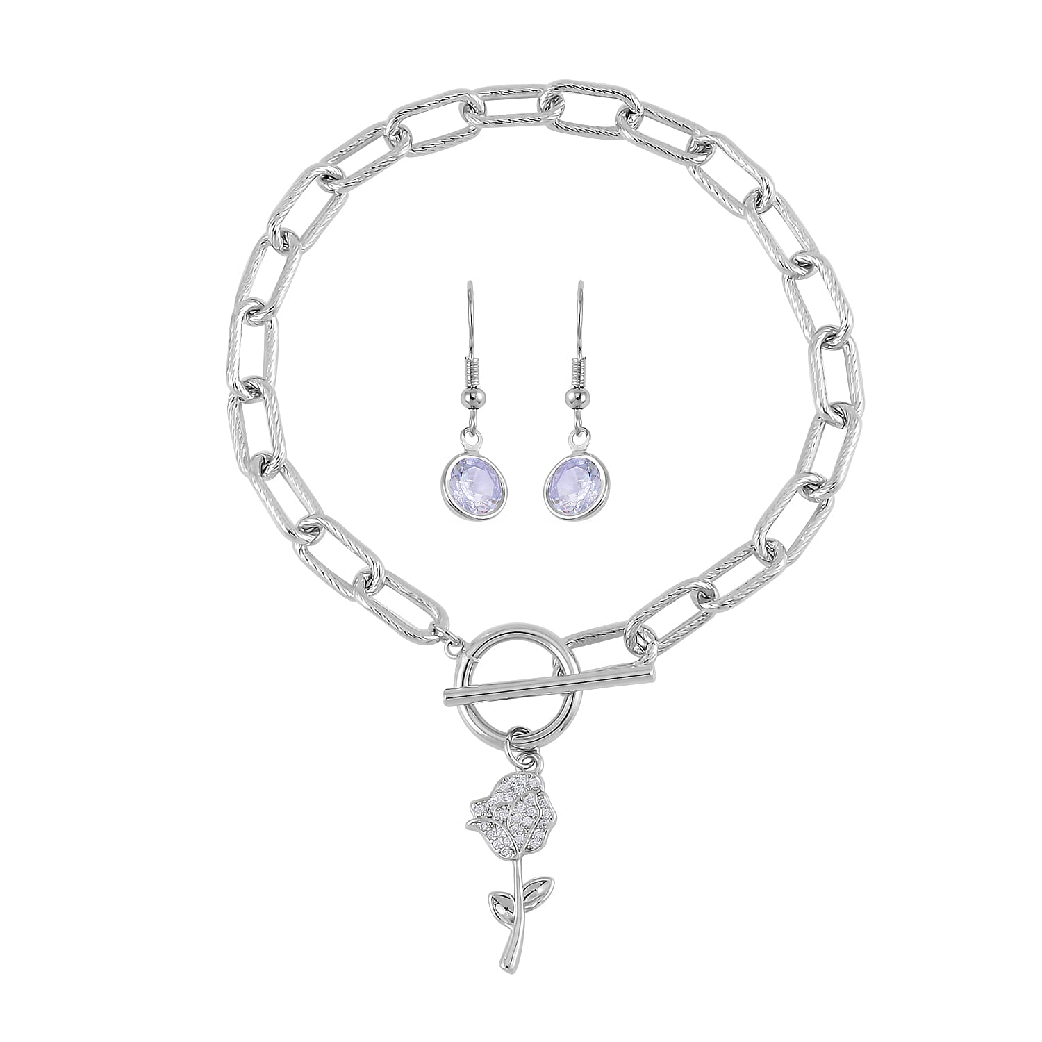 Simulated Diamond and Austrian Crystal Rose Charm Bracelet (7.50In) and Earrings in Silvertone