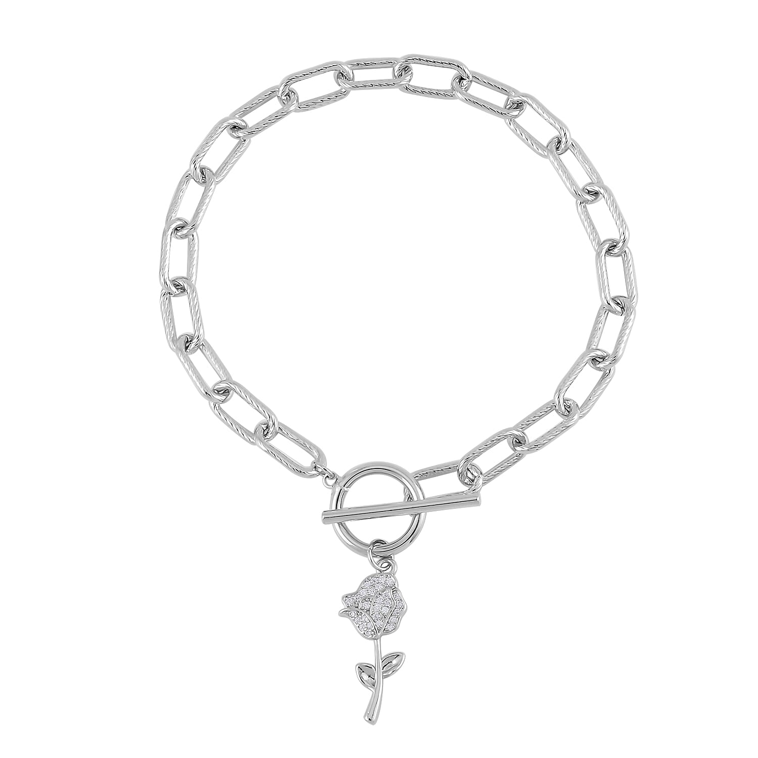 Simulated Diamond and Austrian Crystal Rose Charm Bracelet (7.50In) and Earrings in Silvertone