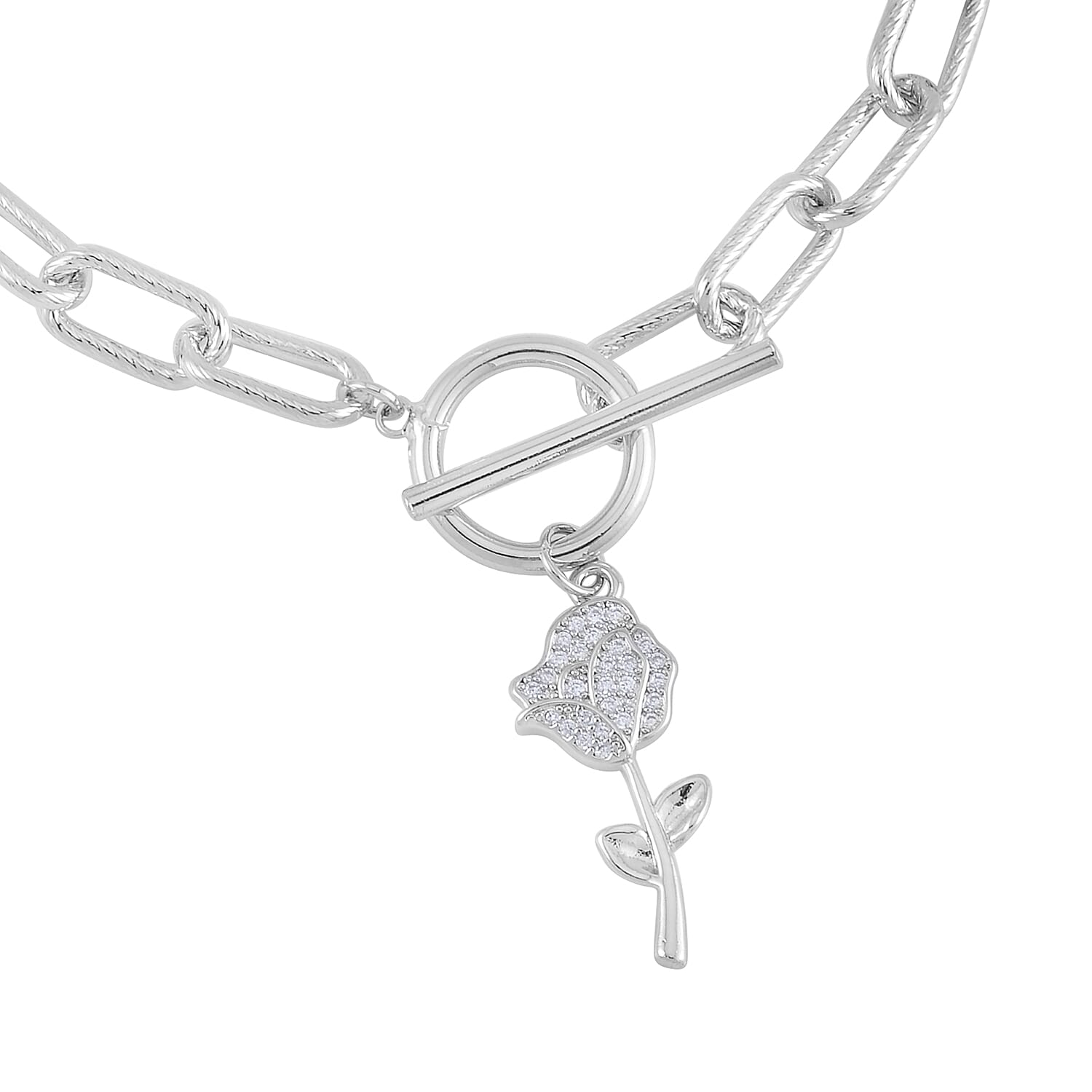 Simulated Diamond and Austrian Crystal Rose Charm Bracelet (7.50In) and Earrings in Silvertone
