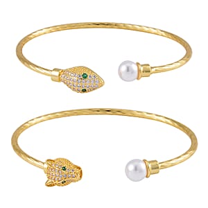 Set of 2 Simulated Pearl, Simulated Green and White Diamond Snake and Fox Head Cuff Bracelet in Goldtone (7.25 In)