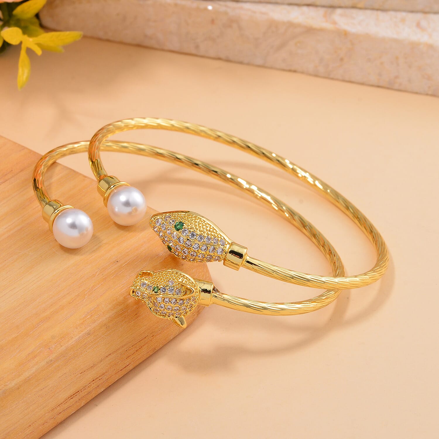 Set of 2 Simulated Pearl, Simulated Green and White Diamond Snake and Fox Head Cuff Bracelet in Goldtone (7.25 In)