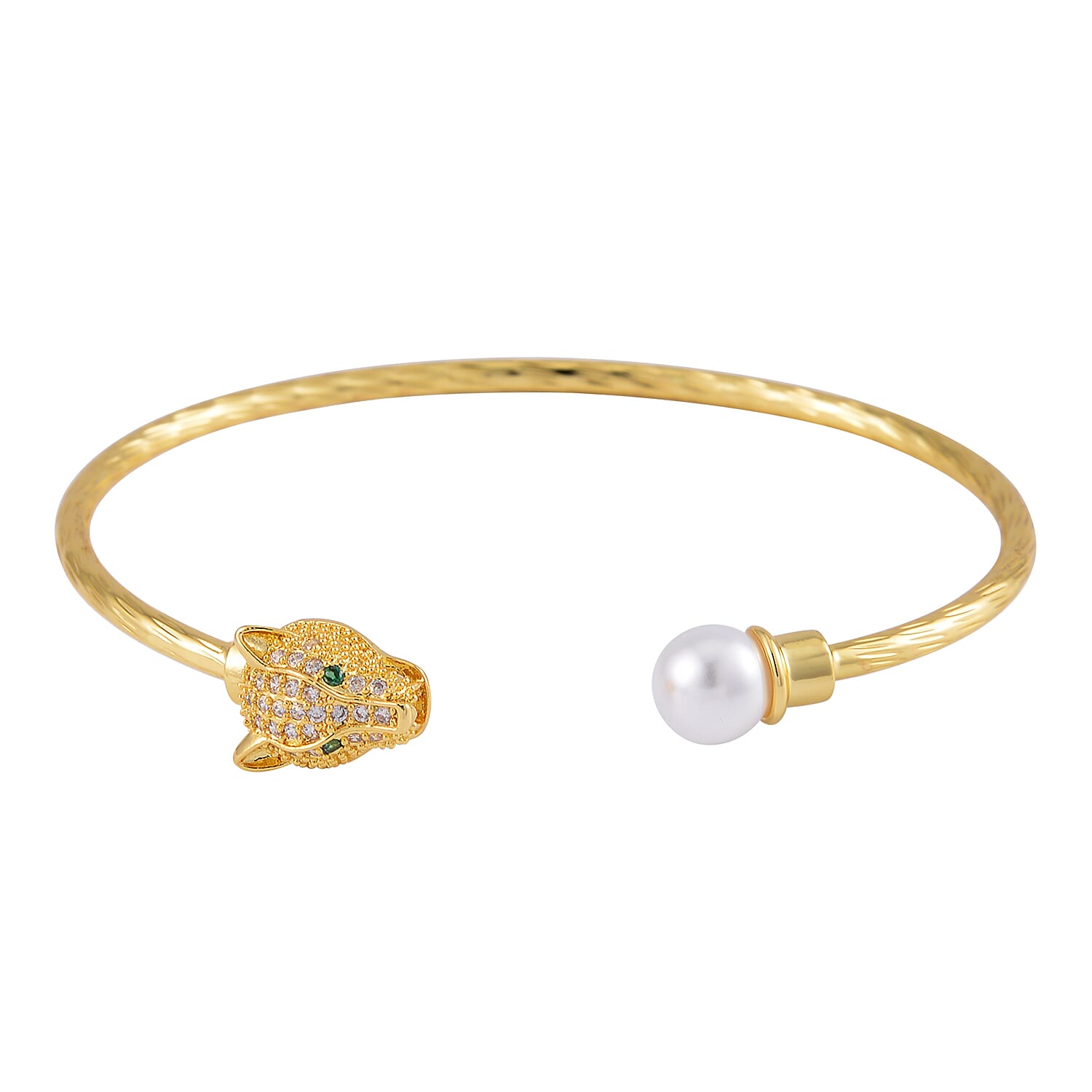 Set of 2 Simulated Pearl, Simulated Green and White Diamond Snake and Fox Head Cuff Bracelet in Goldtone (7.25 In)