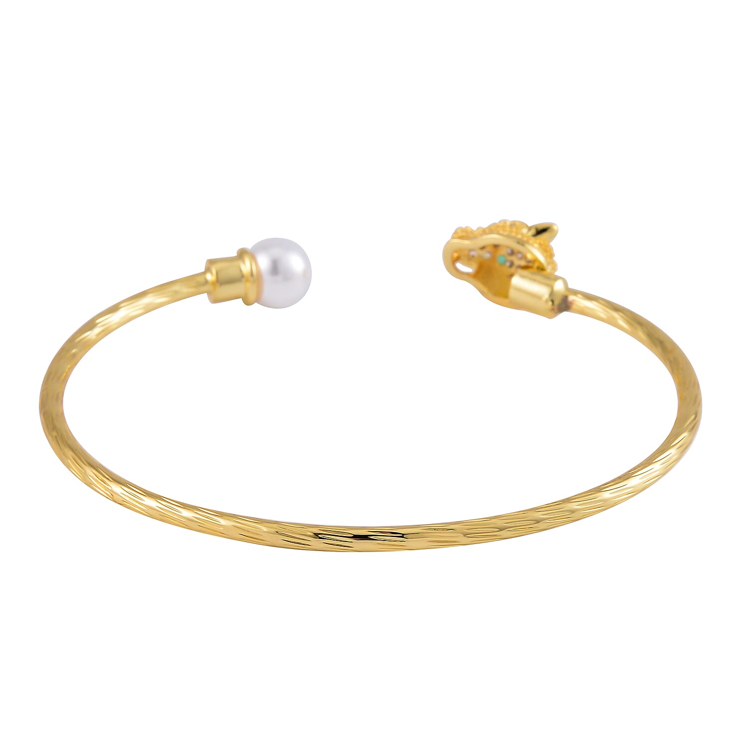 Set of 2 Simulated Pearl, Simulated Green and White Diamond Snake and Fox Head Cuff Bracelet in Goldtone (7.25 In)
