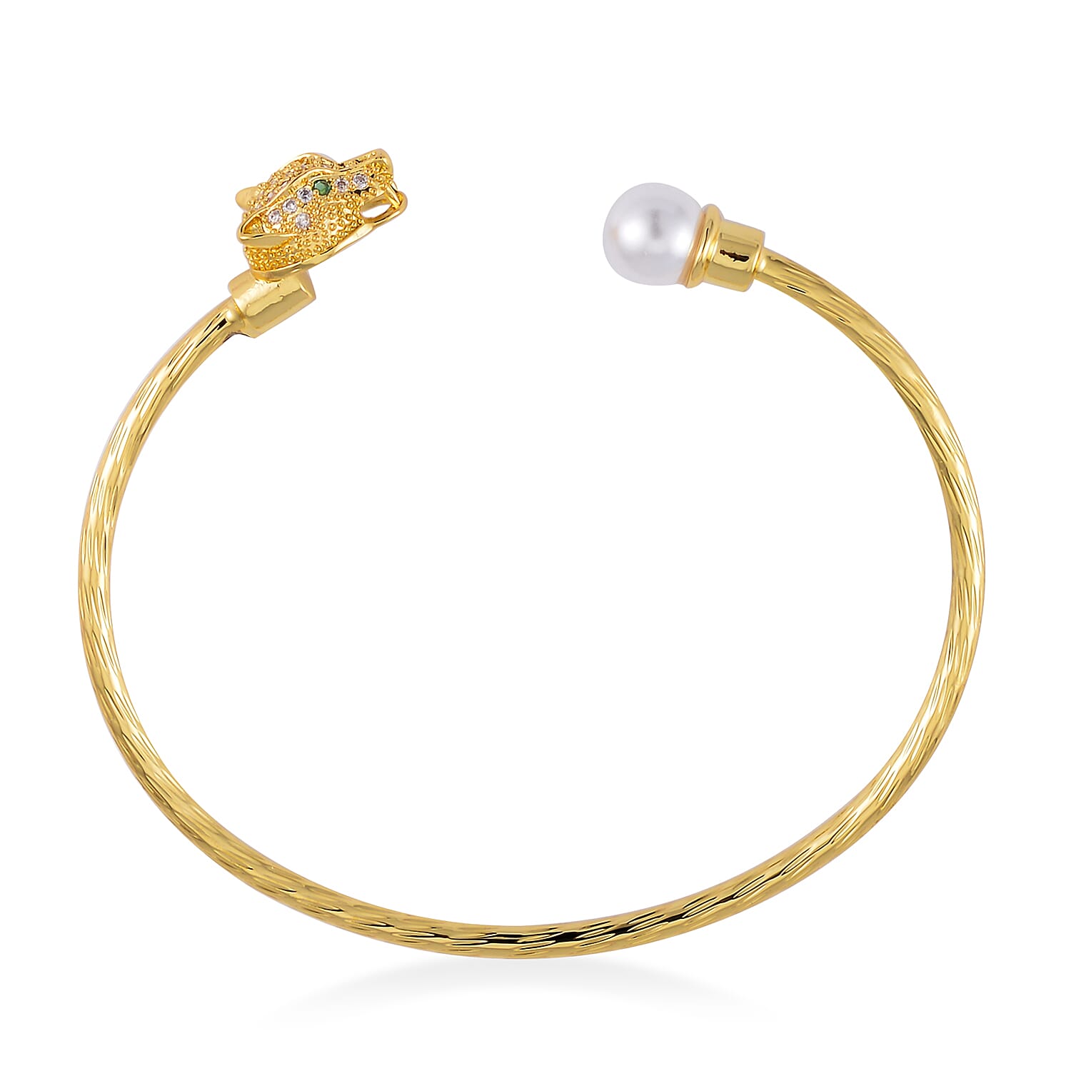 Set of 2 Simulated Pearl, Simulated Green and White Diamond Snake and Fox Head Cuff Bracelet in Goldtone (7.25 In)