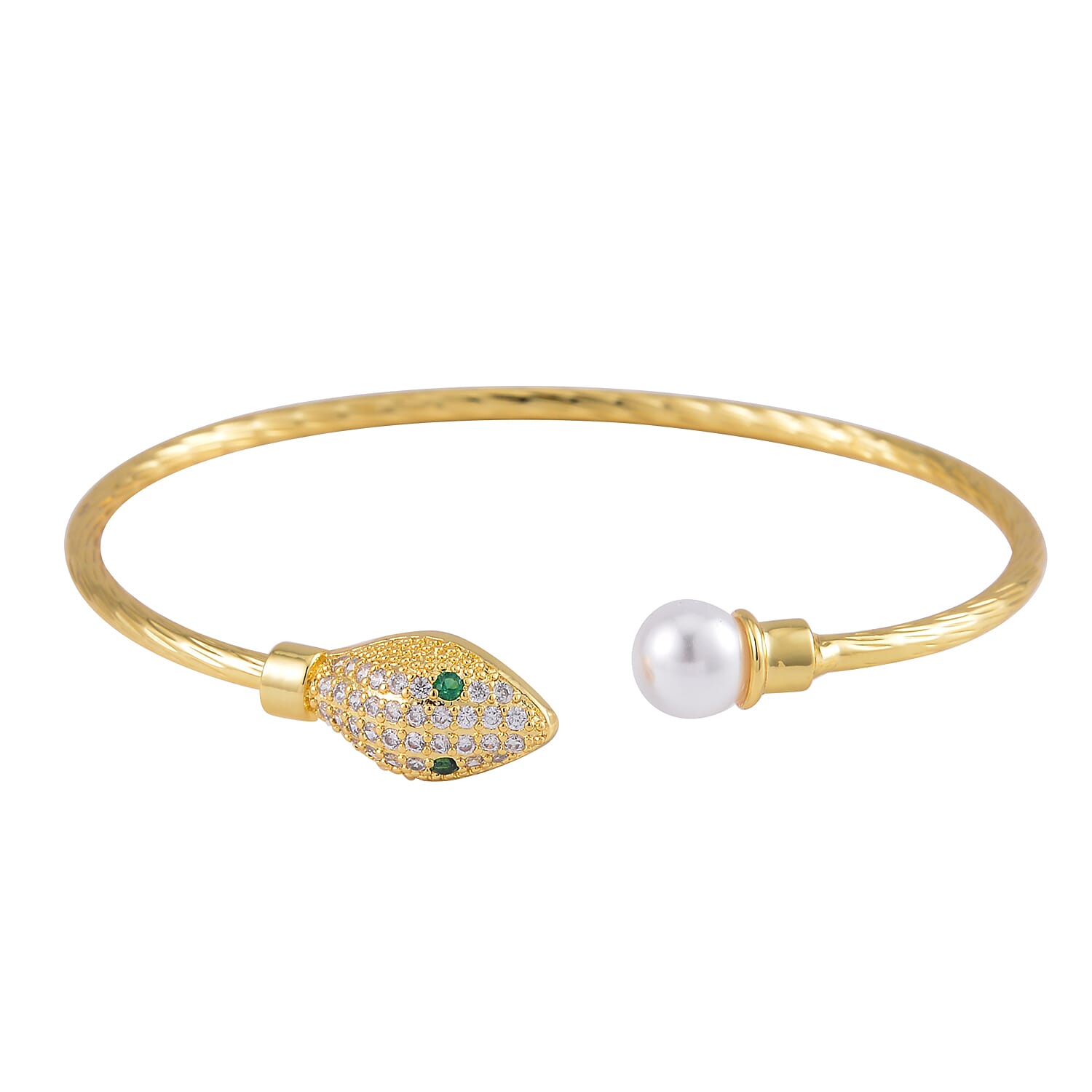 Set of 2 Simulated Pearl, Simulated Green and White Diamond Snake and Fox Head Cuff Bracelet in Goldtone (7.25 In)