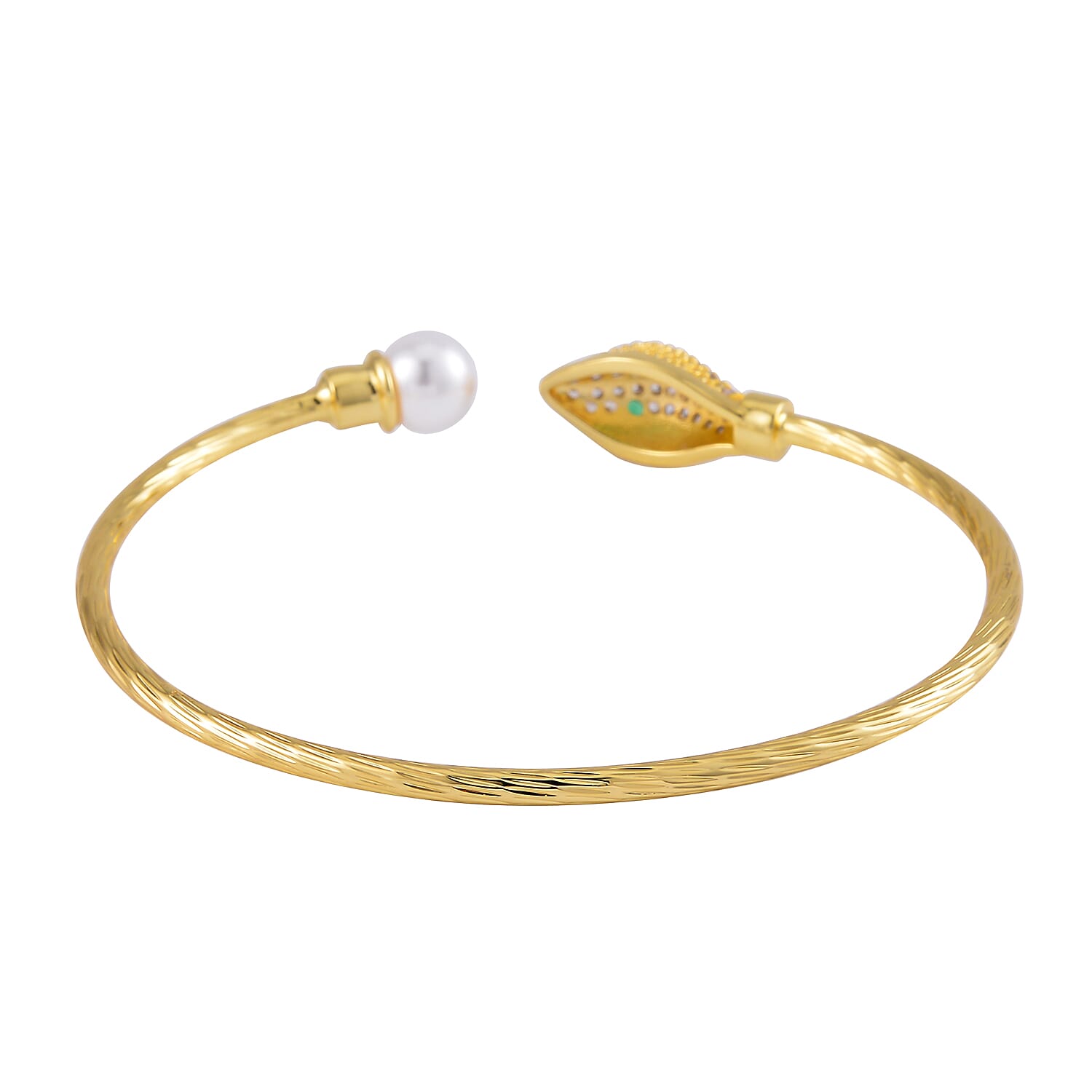 Set of 2 Simulated Pearl, Simulated Green and White Diamond Snake and Fox Head Cuff Bracelet in Goldtone (7.25 In)