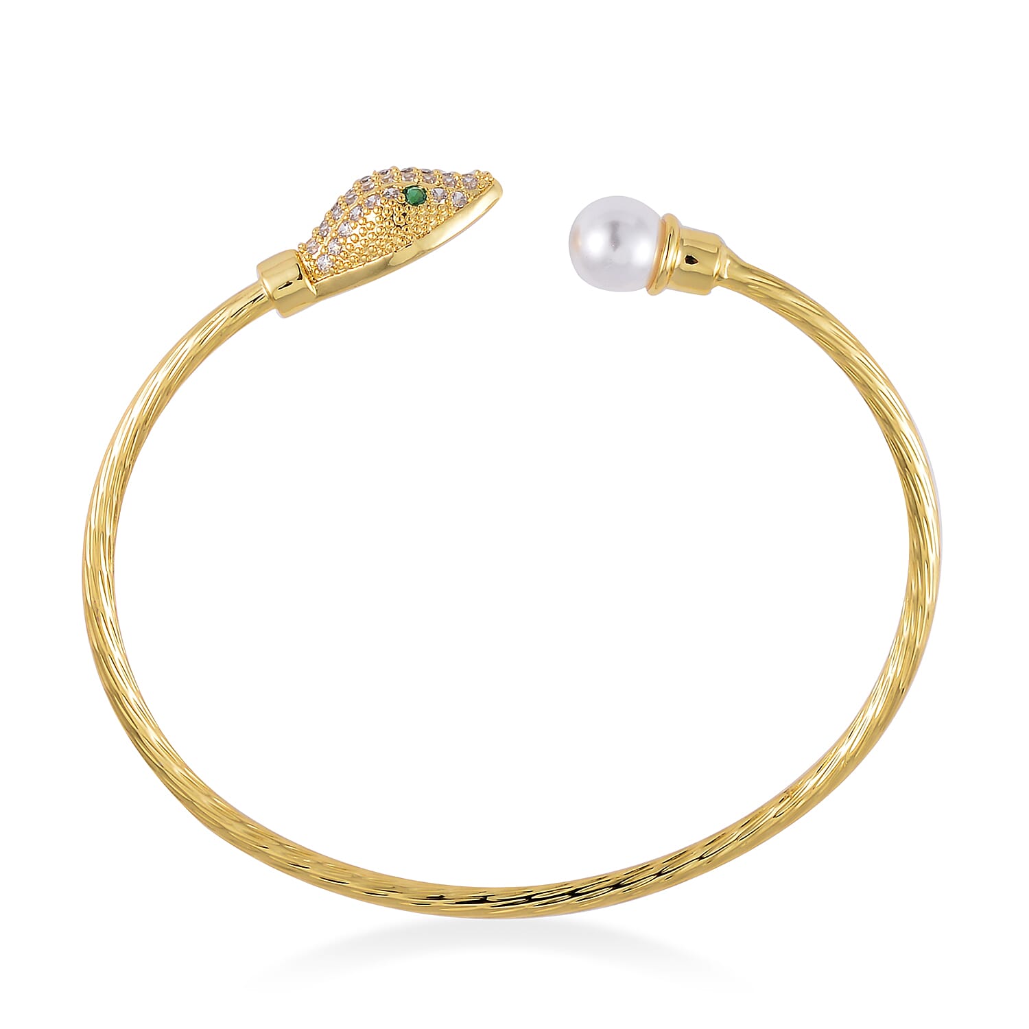 Set of 2 Simulated Pearl, Simulated Green and White Diamond Snake and Fox Head Cuff Bracelet in Goldtone (7.25 In)