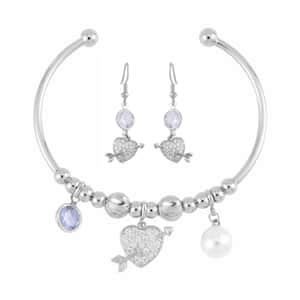 Simulated Pearl, Simulated Diamond, Austrian Crystal Bangle Bracelet (7.00In) and Earrings with Heart Charm in Silvertone 1.10 ctw