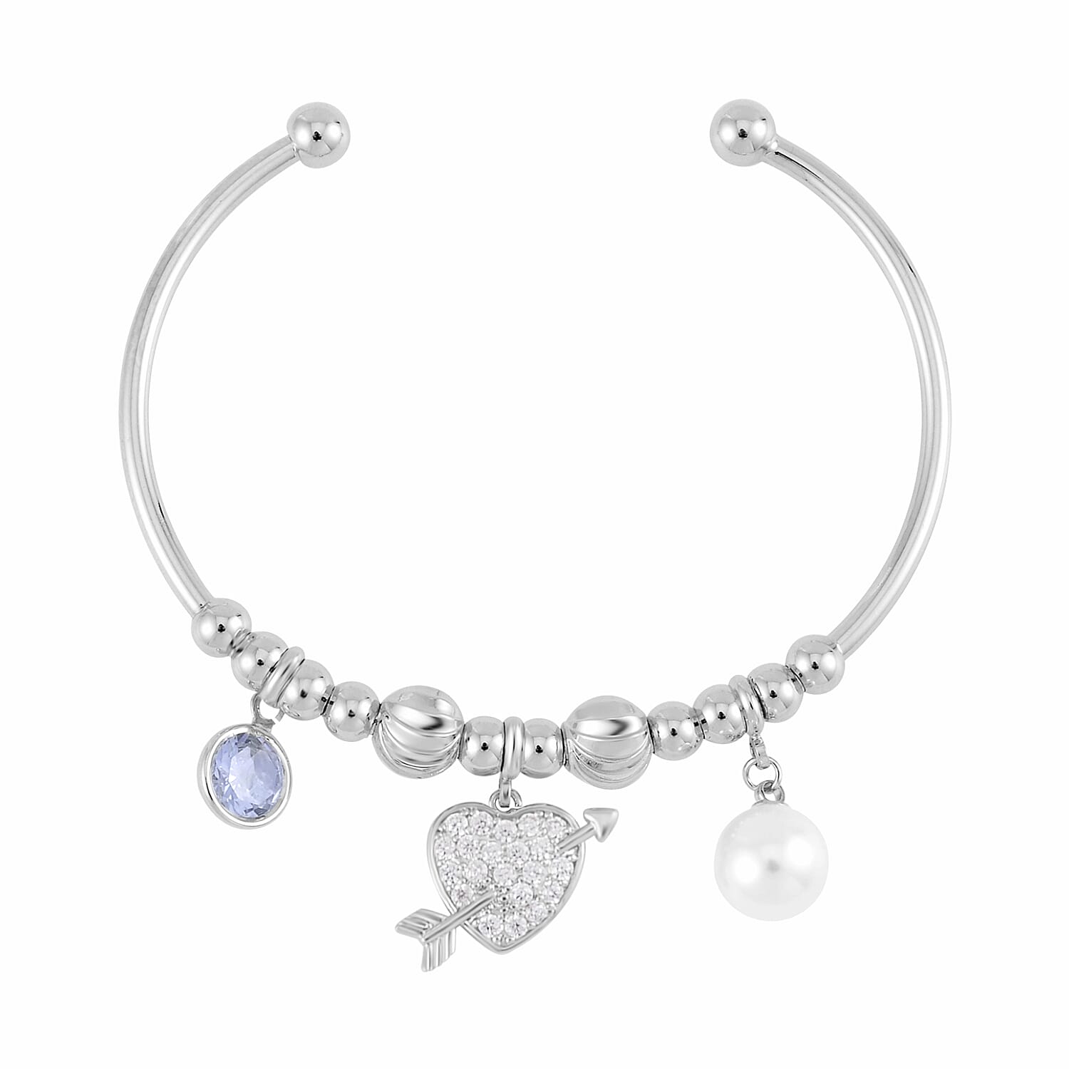 Simulated Pearl, Simulated Diamond, Austrian Crystal Bangle Bracelet (7.00In) and Earrings with Heart Charm in Silvertone 1.10 ctw