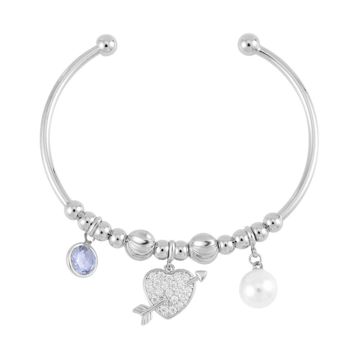 Simulated Pearl, Simulated Diamond, Austrian Crystal Bangle Bracelet (7.00In) and Earrings with Heart Charm in Silvertone 1.10 ctw image number 2