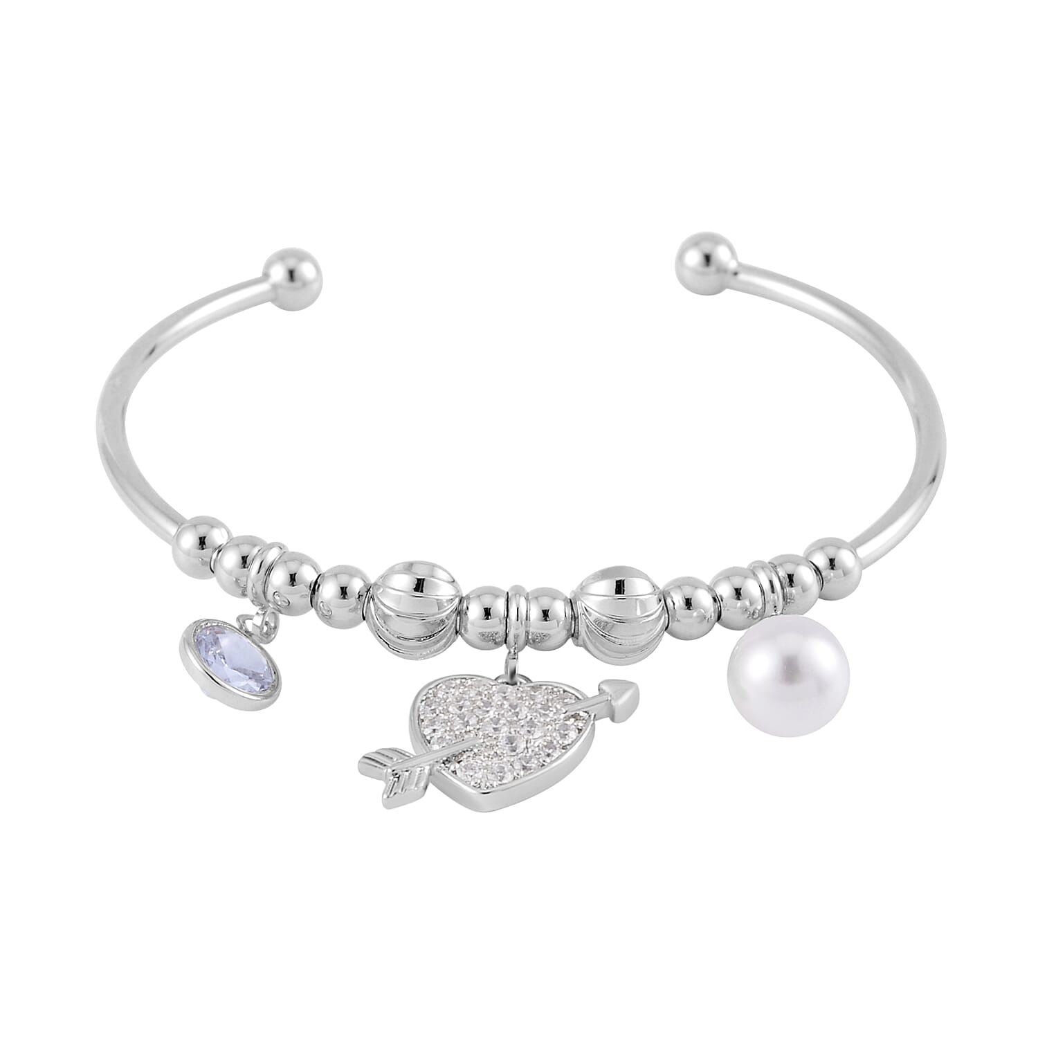 Simulated Pearl, Simulated Diamond, Austrian Crystal Bangle Bracelet (7.00In) and Earrings with Heart Charm in Silvertone 1.10 ctw