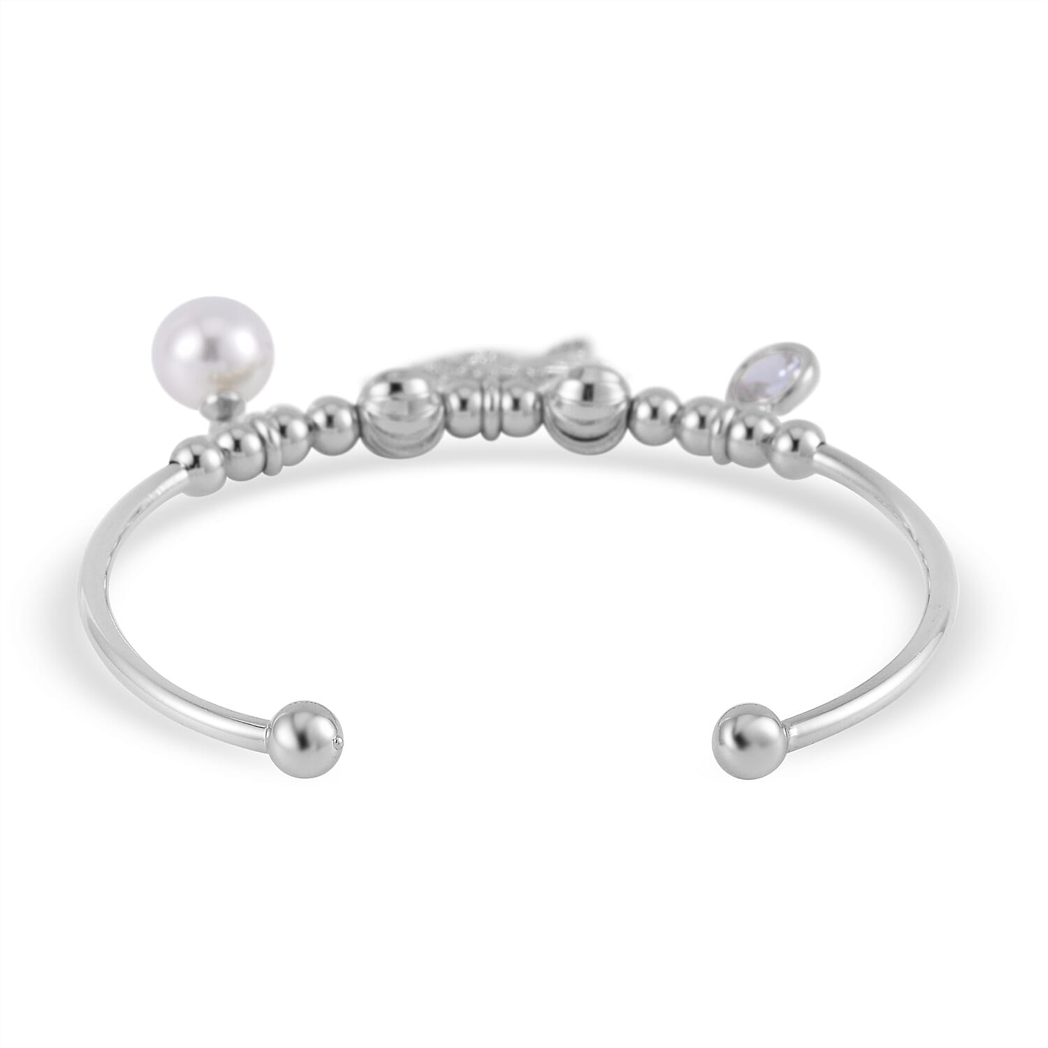 Simulated Pearl, Simulated Diamond, Austrian Crystal Bangle Bracelet (7.00In) and Earrings with Heart Charm in Silvertone 1.10 ctw